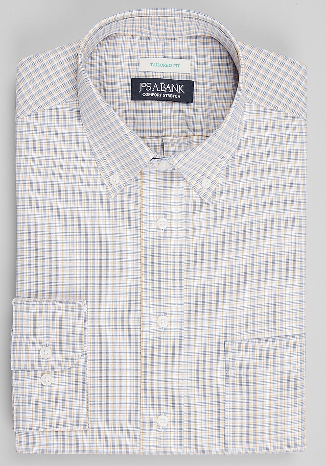 grid pattern dress shirt Men's White w/ Navy and Grey Grid Long Sleeve Dress Shirt, Stain Repellent, Wrinkle Resistant