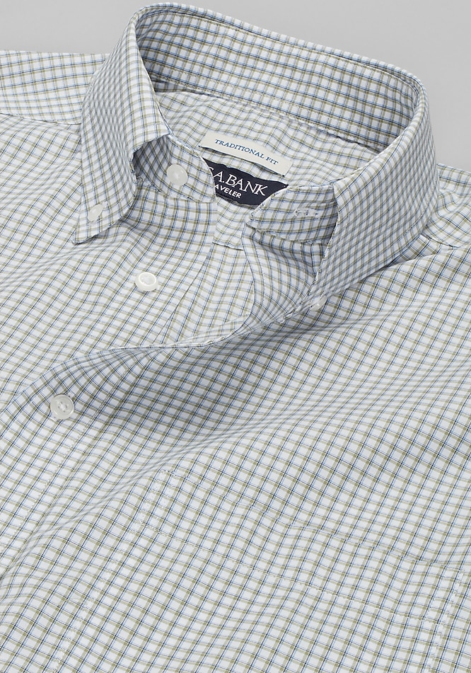 Men's Traveler Collection Traditional Fit Button-Down Collar Plaid Dress Shirt at Jos. A. Bank, Green, Size 16 X 32/33