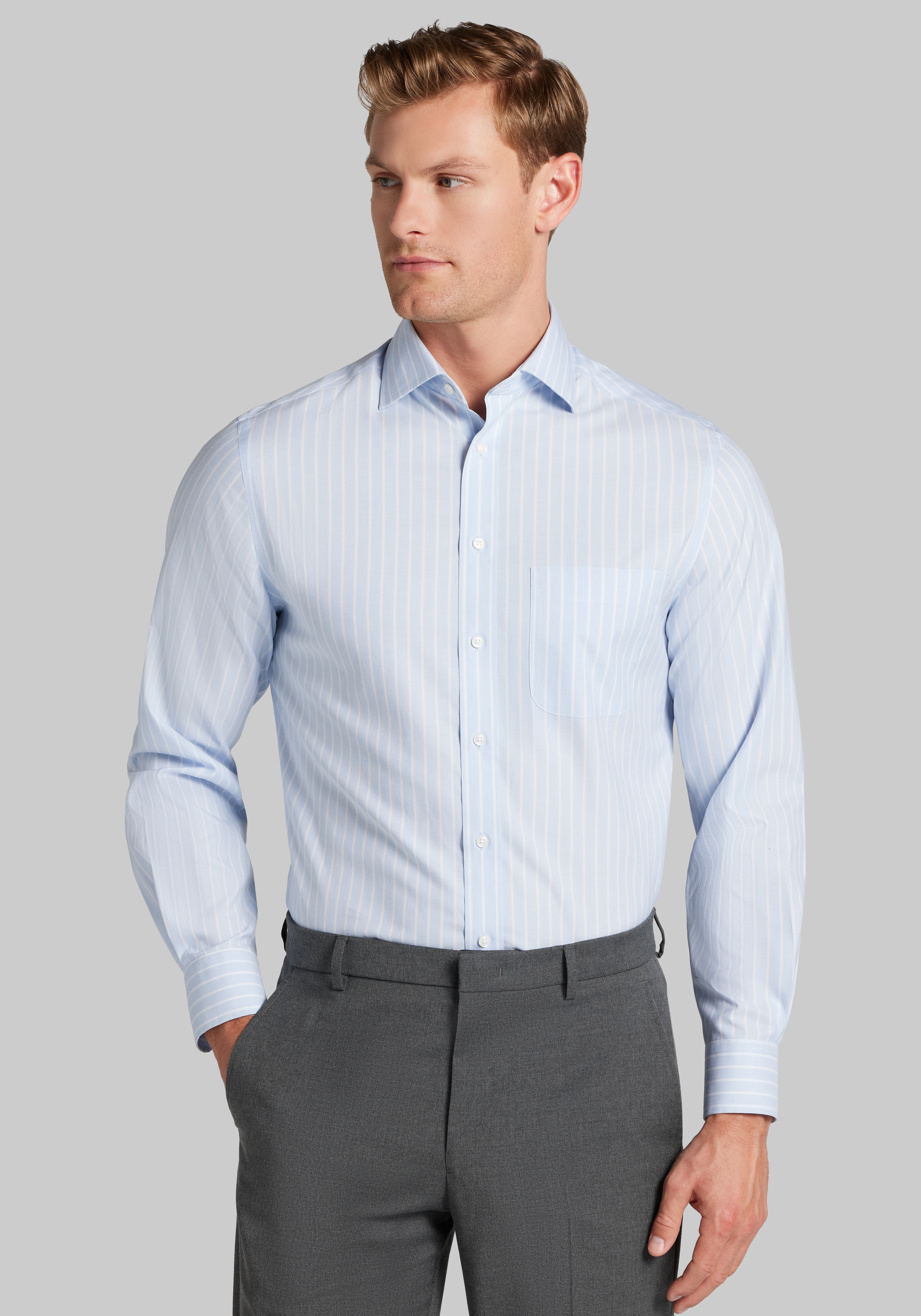 Men's Dress Shirts, Traveler&reg; Collection Slim Fit Spread Collar Stripe Dress Shirt - Jos A Bank