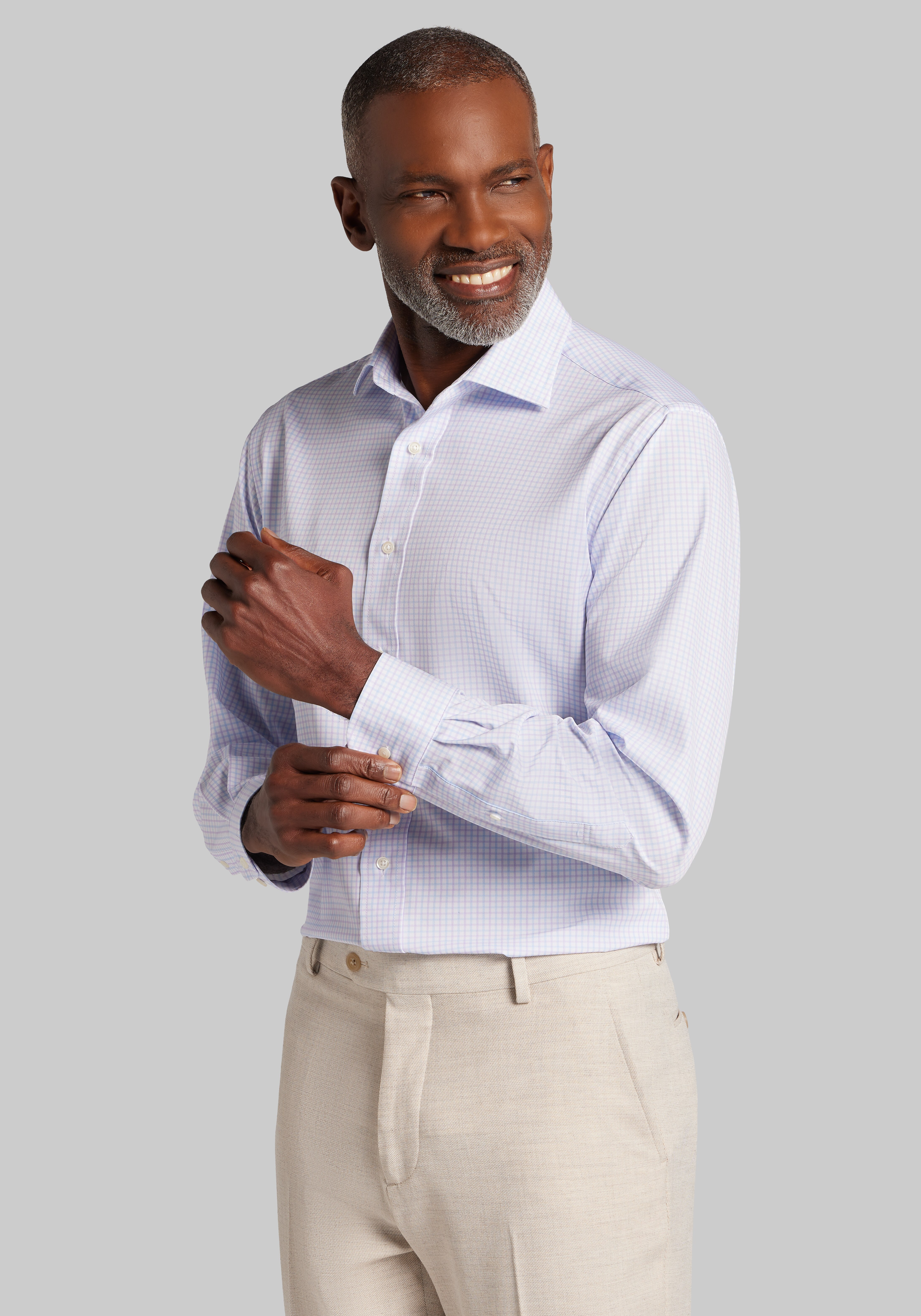 Men's New!, 1905 Collection Tailored Fit Spread Collar Grid 4-Way Stretch Dress Shirt - Jos A Bank