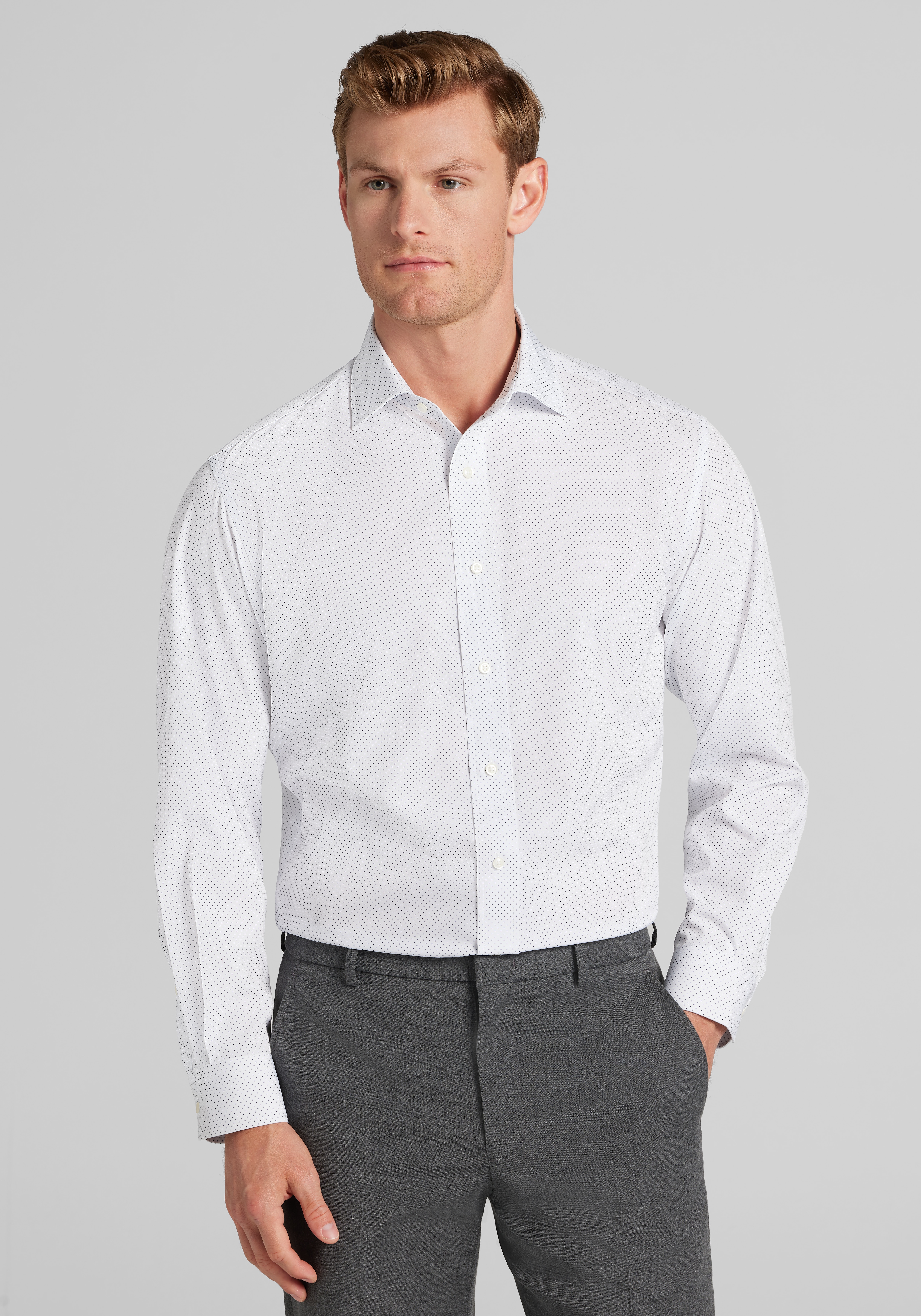 Men's Dress Shirts, 1905 Collection Tailored Fit Spread Collar Dot 4-Way Stretch Dress Shirt - Jos A Bank