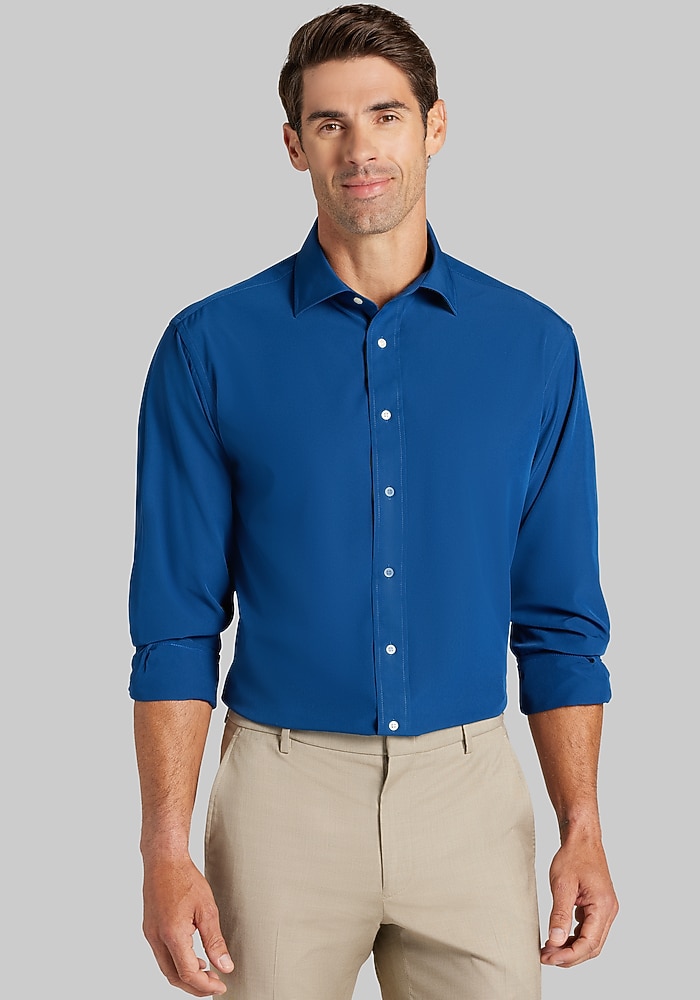 1905 Collection Traditional Fit Spread Collar Solid 4-Way Stretch Dress Shirt (Navy-75)