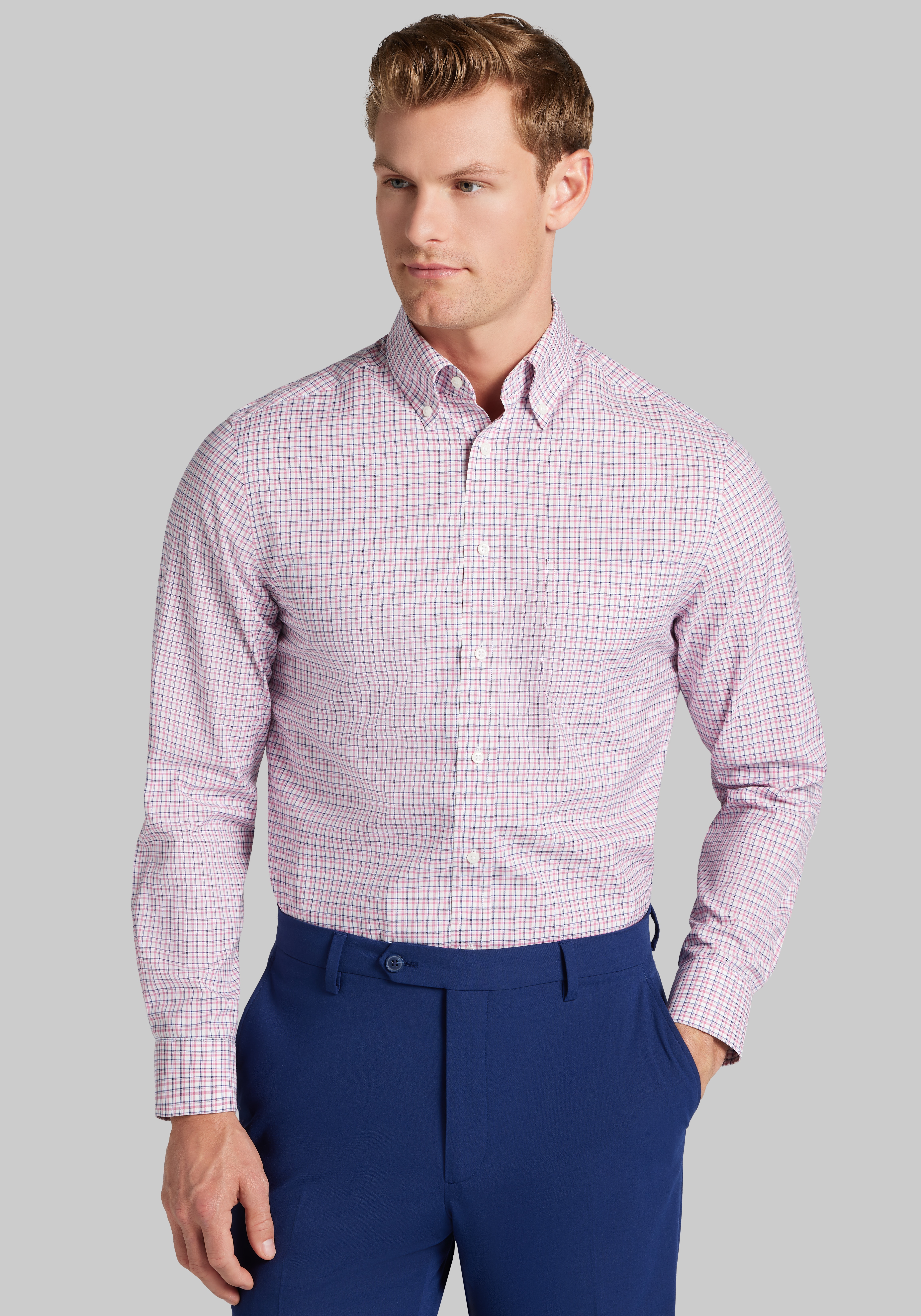 Men's Dress Shirts, Traveler® Collection Slim Fit Button-Down Collar Plaid Dress Shirt - Jos A Bank