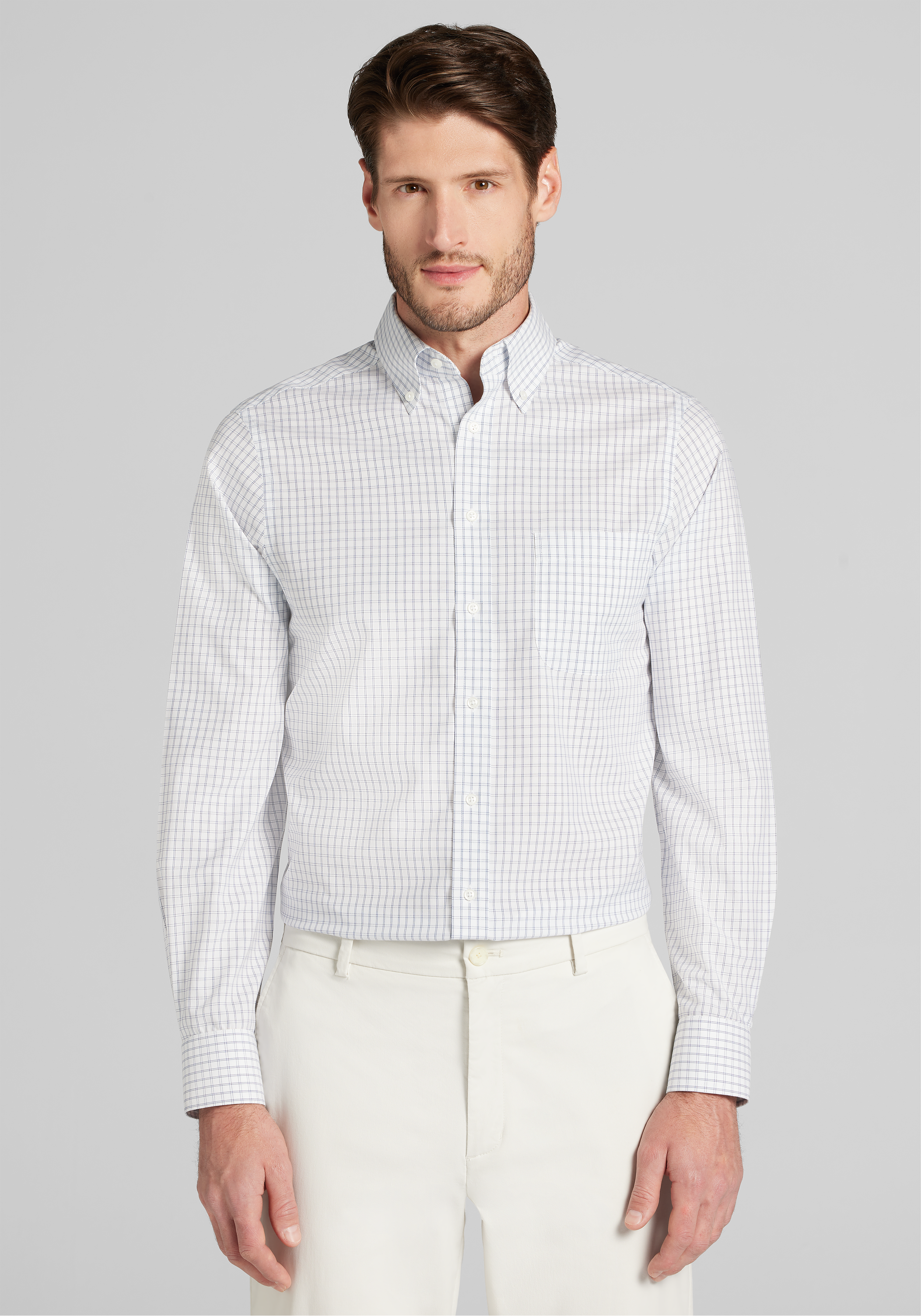 Men's Dress Shirts, Traveler® Collection Slim Fit Button-Down Collar Grid Dress Shirt - Jos A Bank
