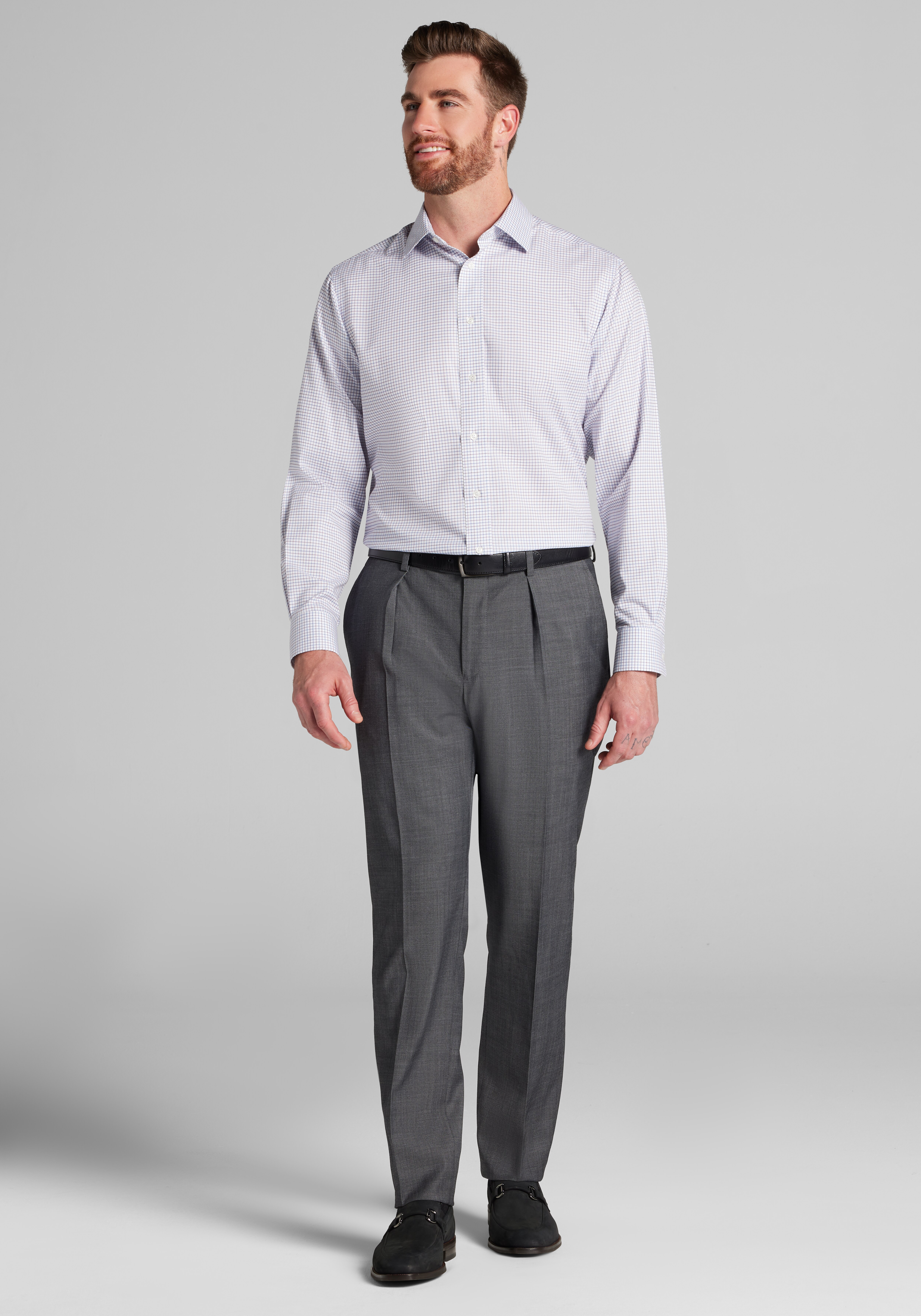 Traveler® Collection Tailored Fit Spread Collar Grid Dress Shirt