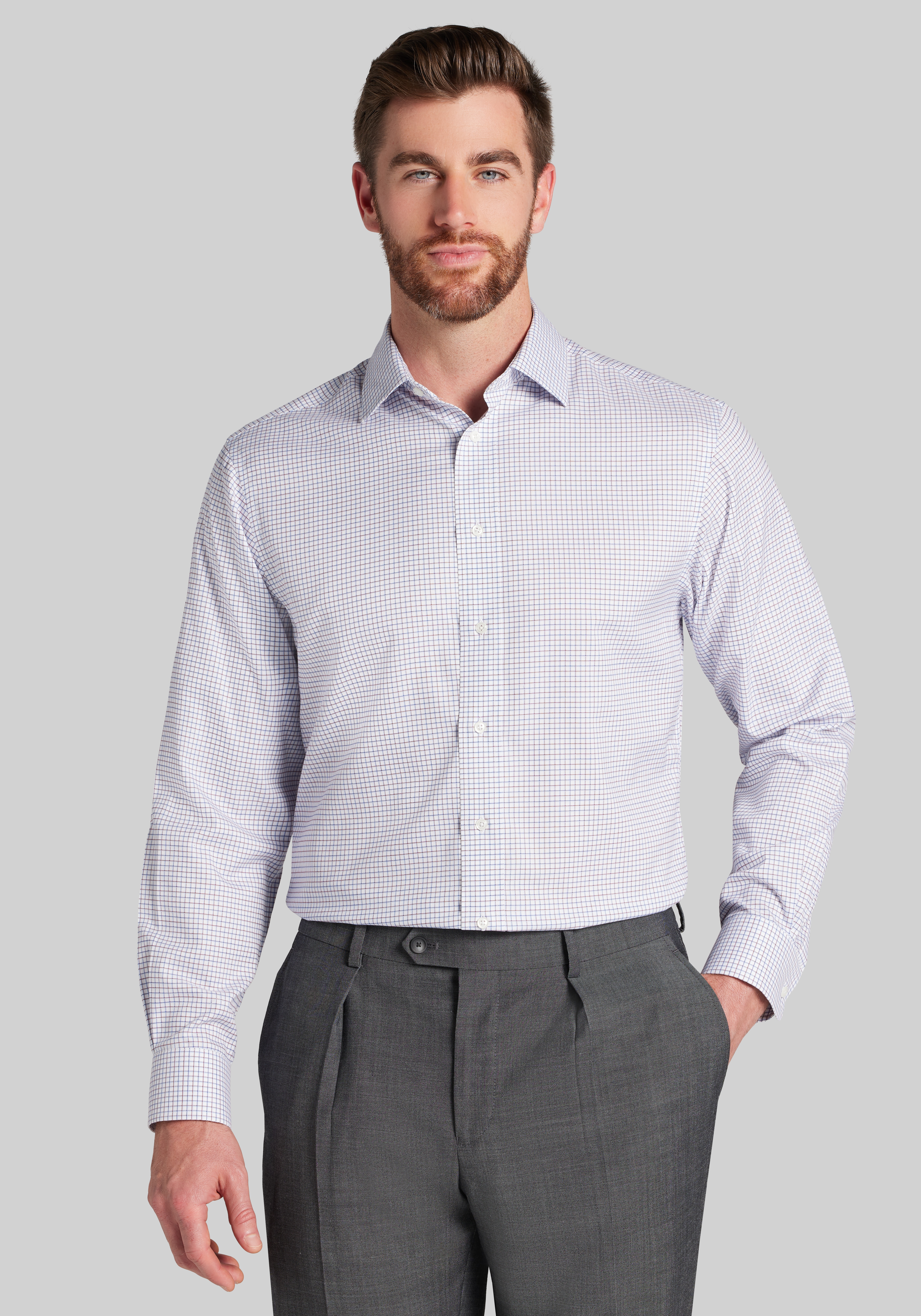 Men's New!, Traveler® Collection Tailored Fit Spread Collar Grid Dress Shirt - Jos A Bank