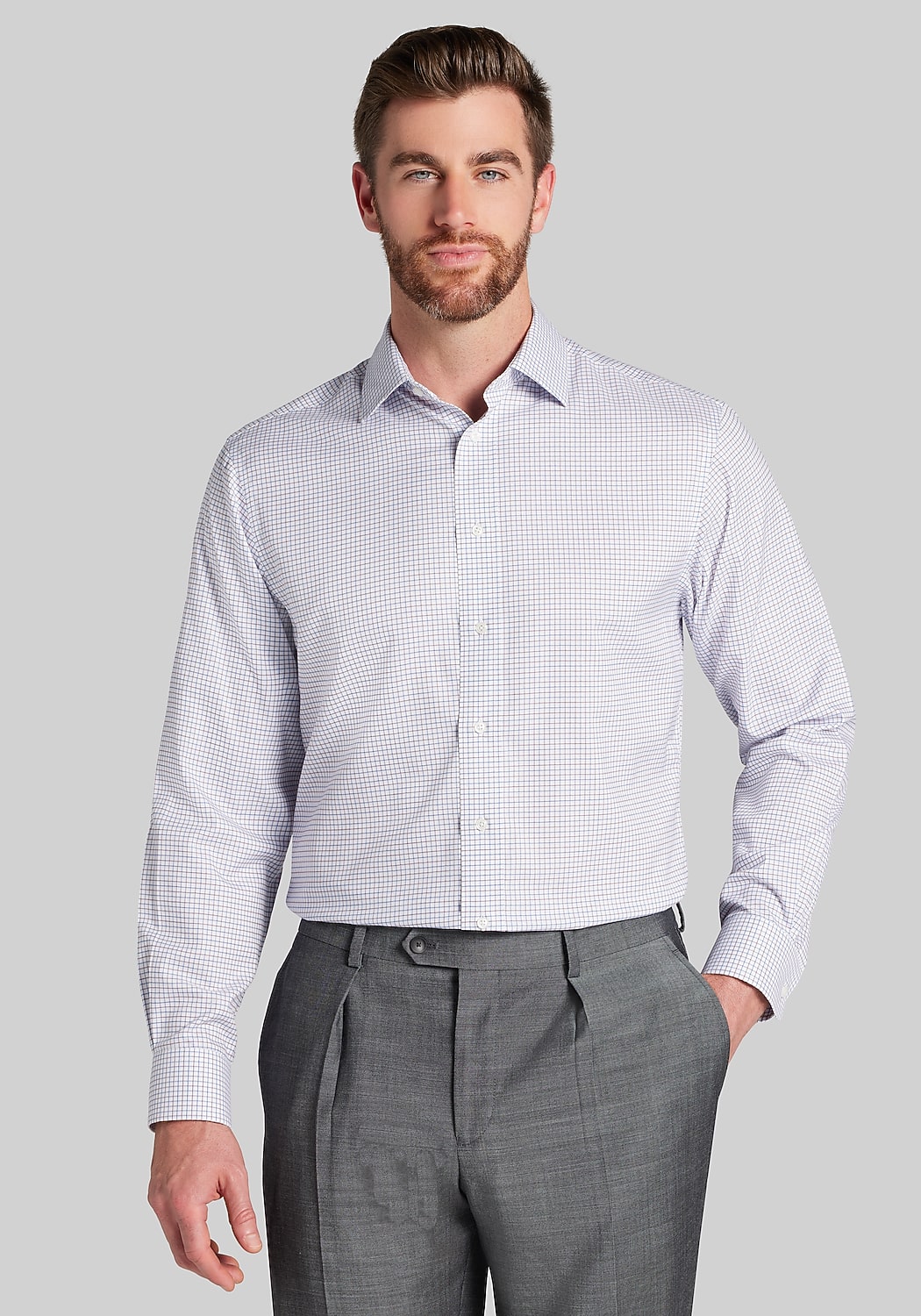 Traveler® Collection Tailored Fit Spread Collar Grid Dress Shirt