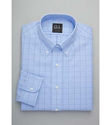 Classic Fit Blue Plaid 100% Cotton Dress Shirt w/ French Cuffs & Cutaway Collar 