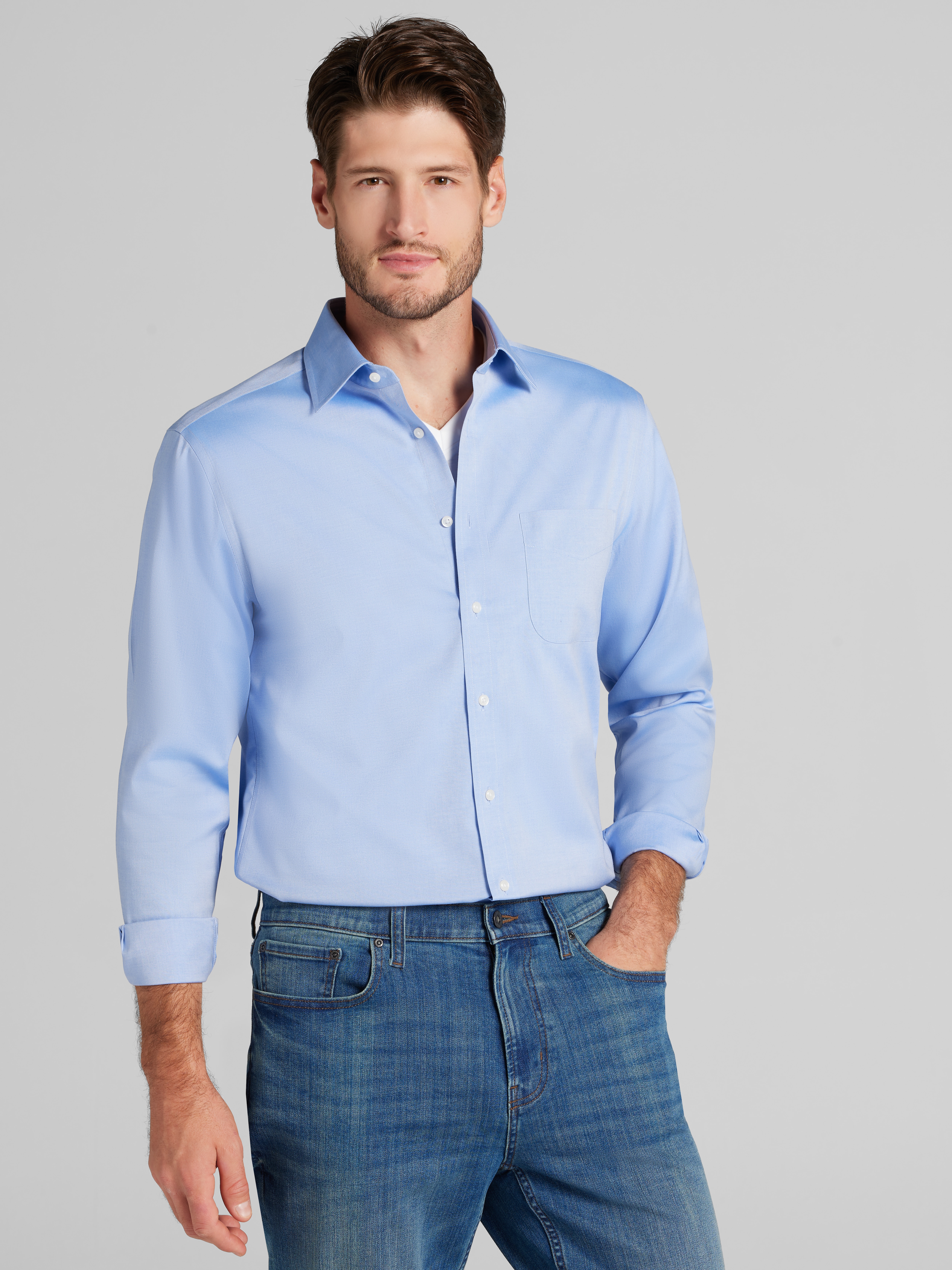 Men's Dress Shirts, TravelerÂ® Collection Slim Fit Spread Collar Solid Dress Shirt - Jos A Bank