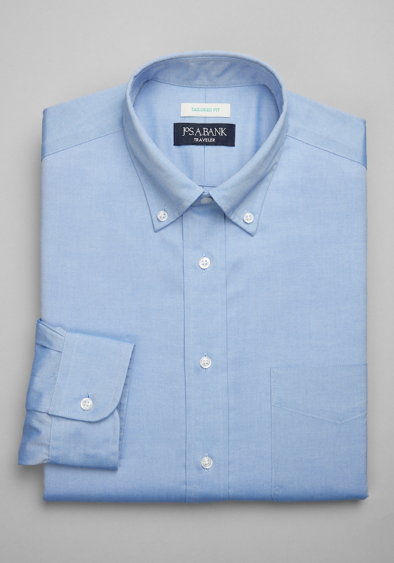 JoS. A. Bank Men's Traveler Collection Tailored Fit Button-Down Collar Solid Dress Shirt, Original Blue, 15x33