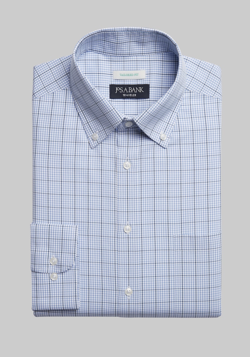JoS. A. Bank Men's Traveler Collection Tailored Fit Button-Down Collar Windowpane Grid Dress Shirt, Blue, 14 1/2 32/33