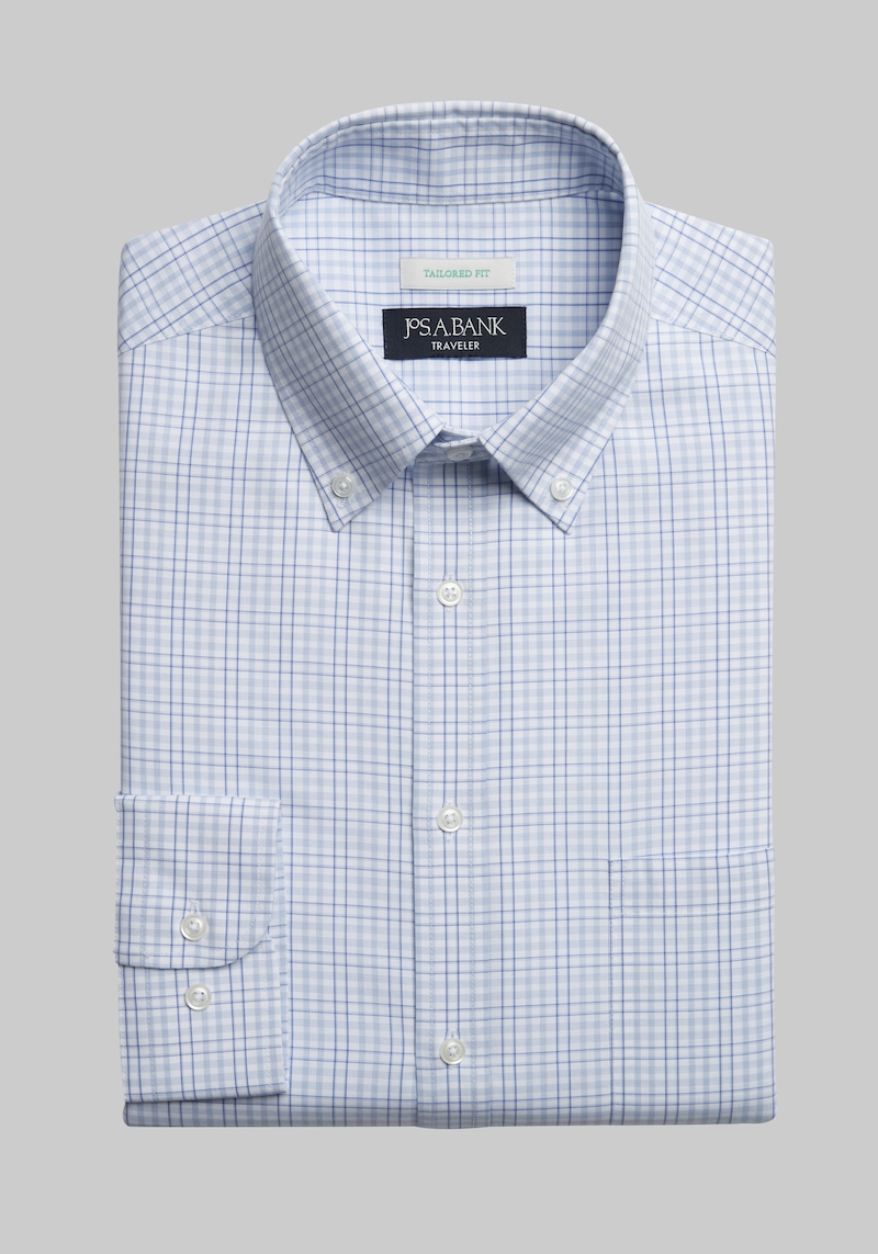JoS. A. Bank Men's Traveler Collection Tailored Fit Button-Down Collar Plaid Dress Shirt, Light Blue, 16 1/2 34/35