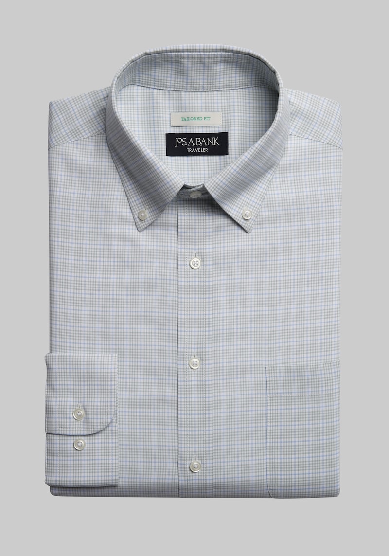 JoS. A. Bank Men's Traveler Collection Tailored Fit Button-Down Collar Mini Grid Dress Shirt, Light Green, 15 34/35