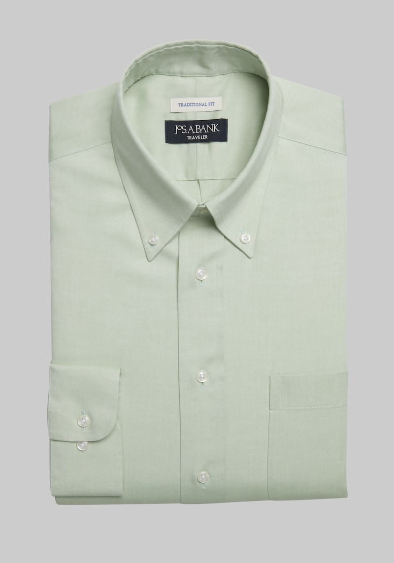 JoS. A. Bank Big & Tall Men's Traveler Collection Traditional Fit Button Down Collar Dress Shirt , Light Green, 17 36/37