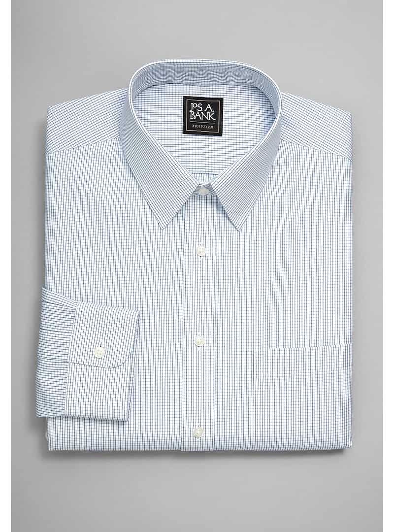 Jos. A. Bank Men's Traveler Collection Traditional Fit Spread Collar Micro Grid Dress Shirt (Blue)
