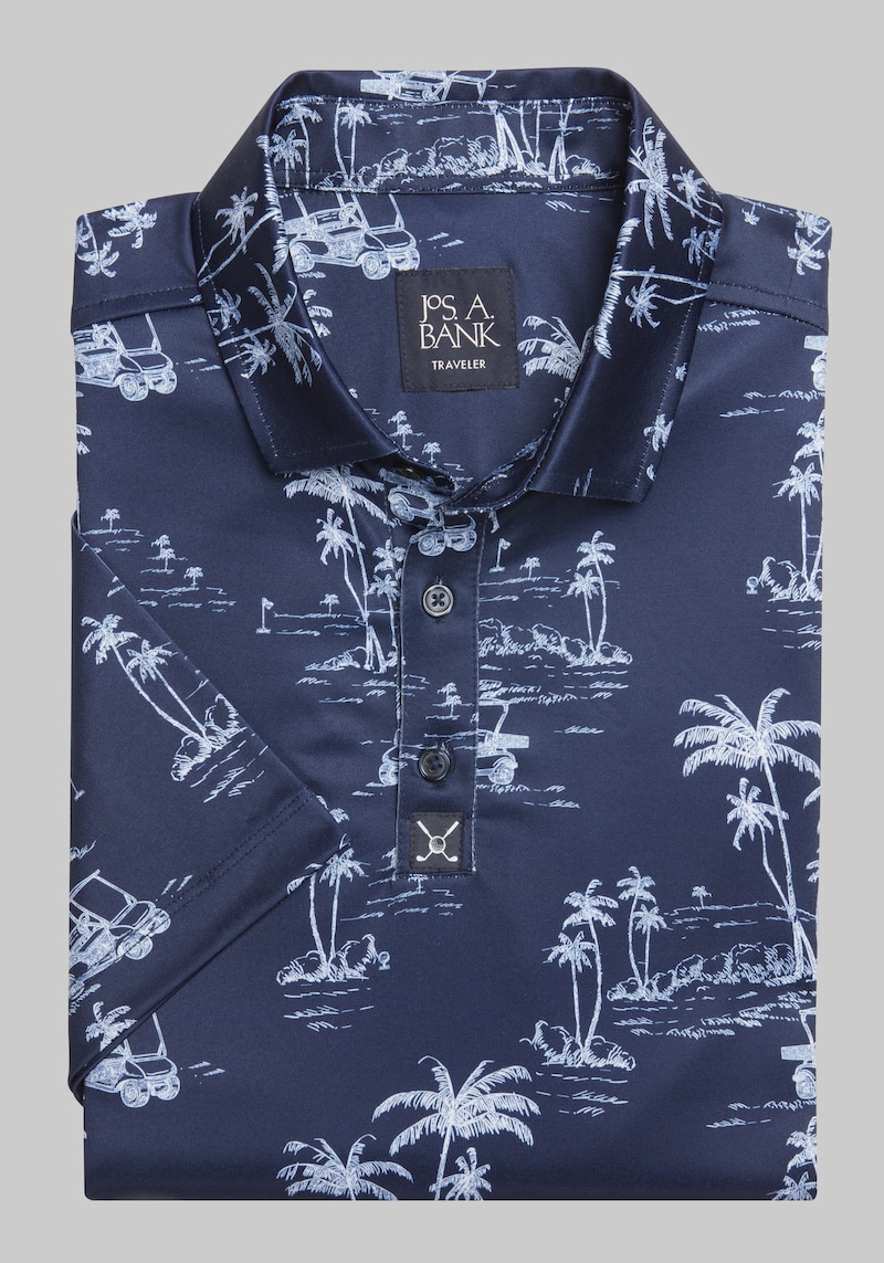 JoS. A. Bank Men's Traveler Performance Tailored Fit Palm Tree Golf Polo, Navy/White, X Large