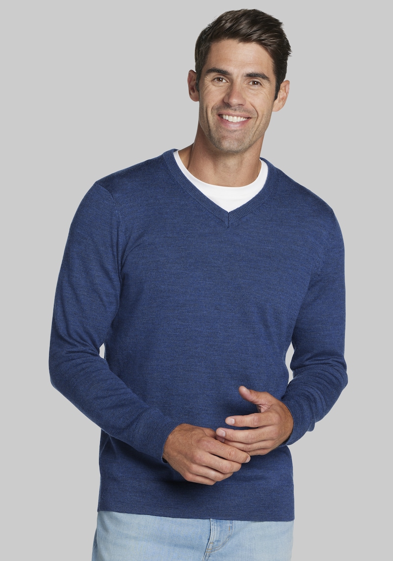 Men's Jos. A. Bank Solid V-Neck Merino Wool Sweater at Jos. A. Bank, Blue Indigo, Size Large