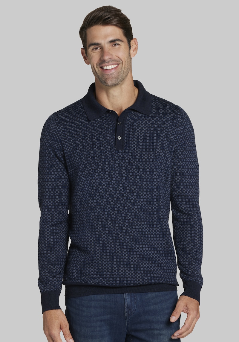 Men's Big & Tall Jos. A. Bank Tailored Fit Long Sleeve Polo Sweater at Jos. A. Bank, Blue/Navy Blazer, Size 3 X Tall - Shirts