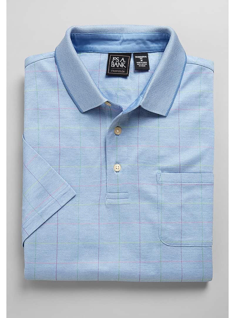 Traveler Collection Traditional Fit Windowpane Plaid Short-Sleeve Polo Shirt (Light Blue)