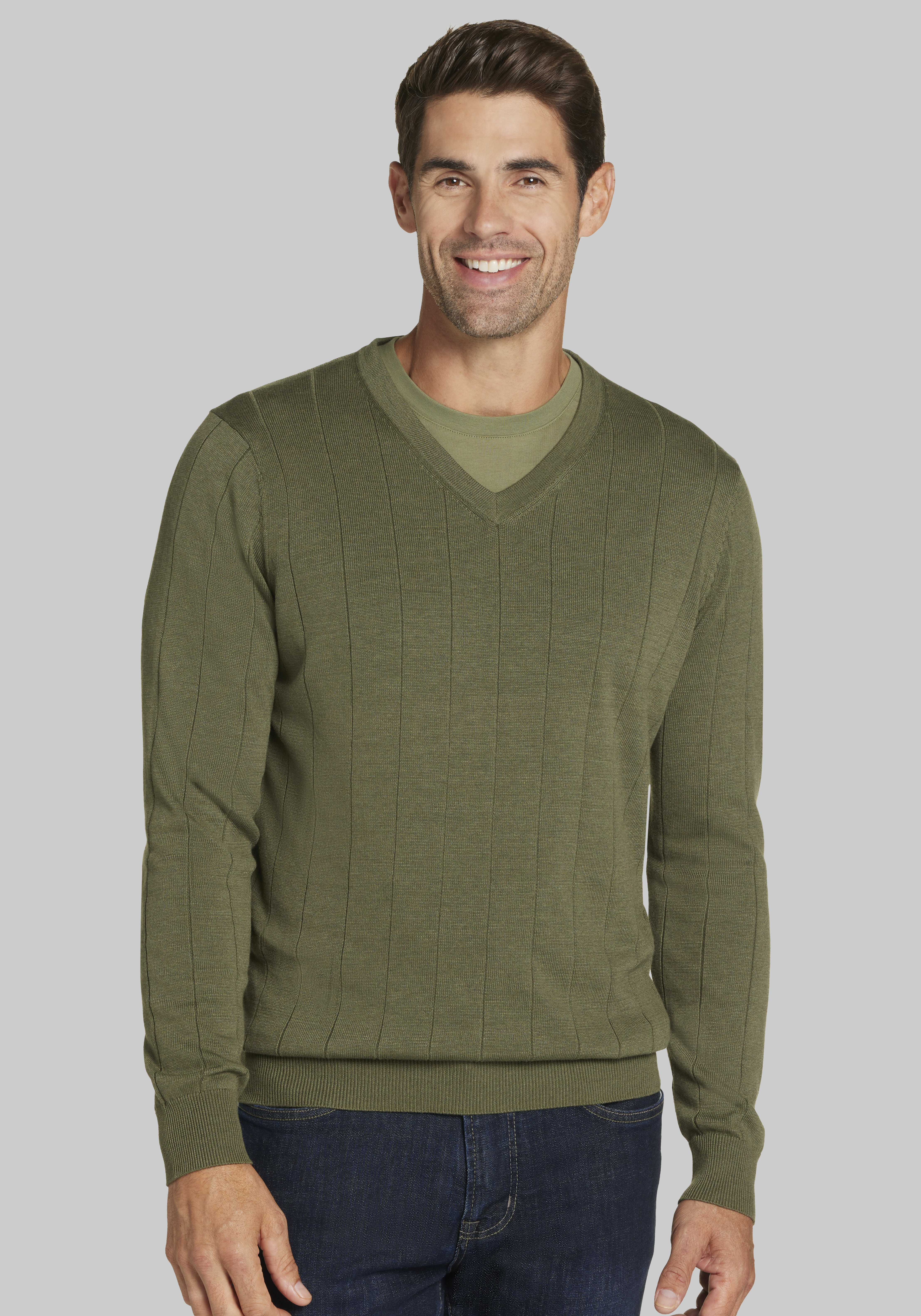 Jos. A. Bank Mens Pullover Sweater Green V Neck Heathered popular 100% Cotton M New