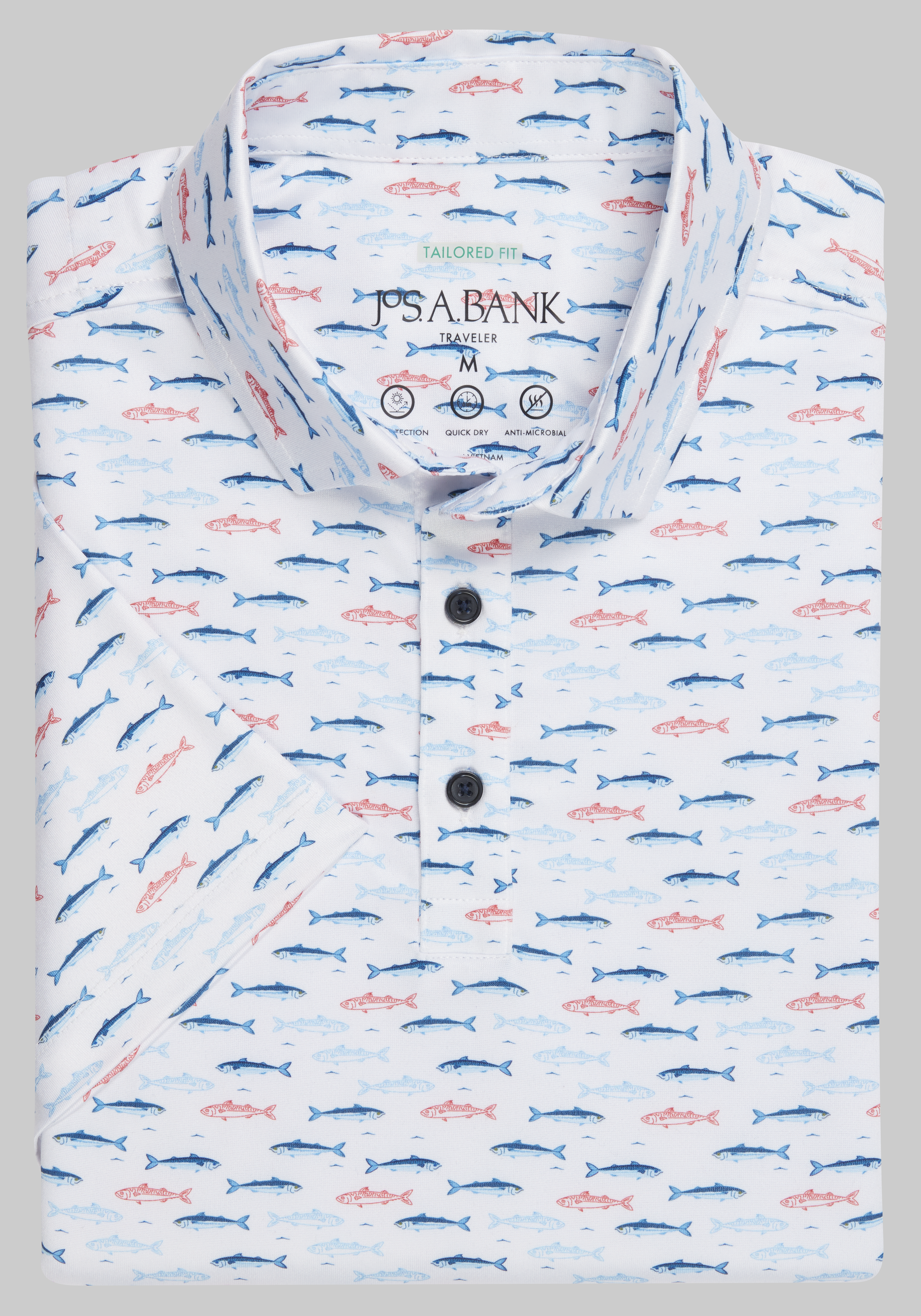 Men's CLEARANCE, Traveler&reg; Collection Tailored Fit Fish Performance Golf Polo CLEARANCE - Jos A Bank
