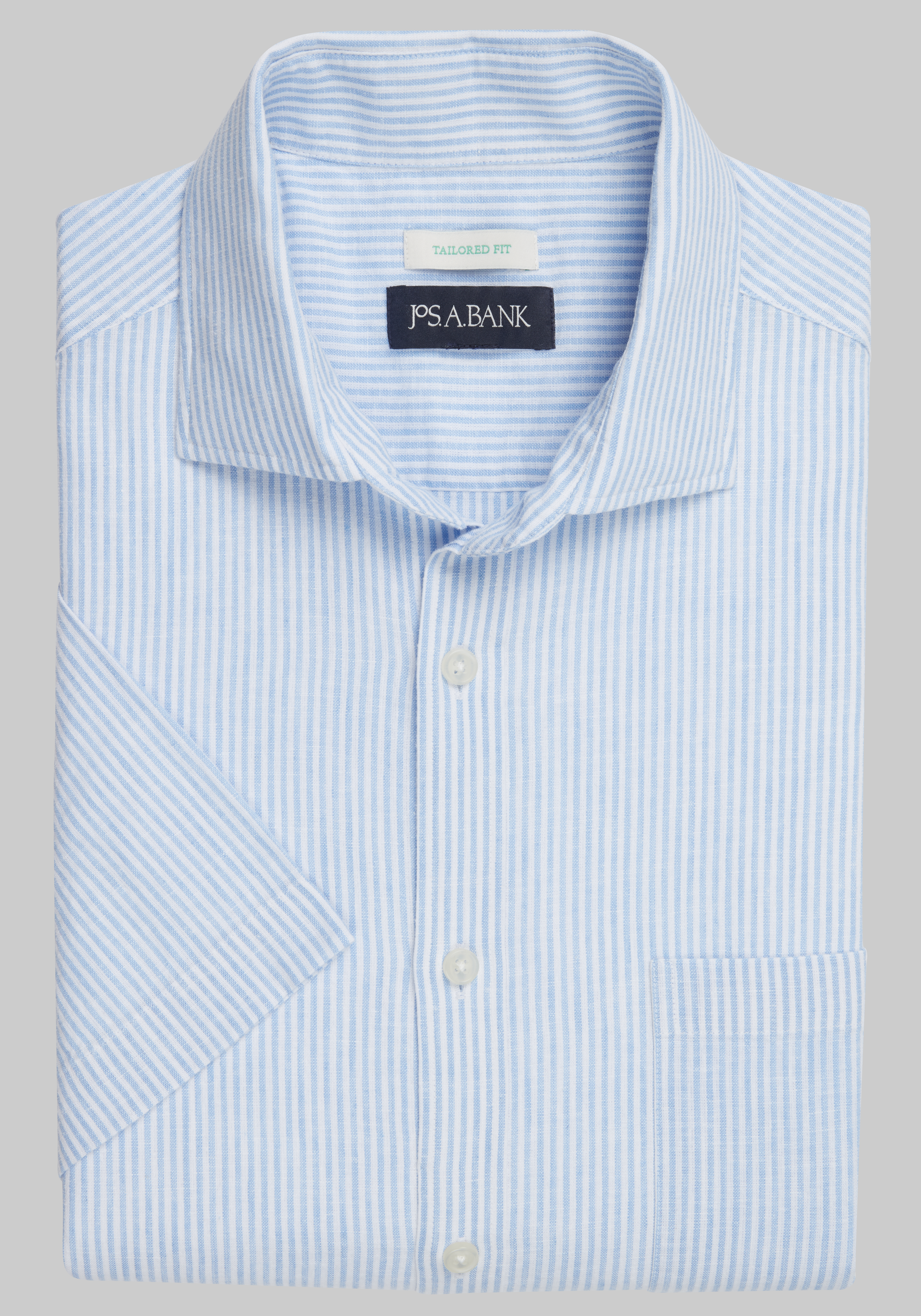 Jos. A. Bank Tailored Fit Stripe Linen Blend Short-Sleeve Sportshirt