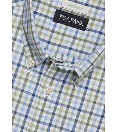 Men s Jos. A. Bank Tailored Fit Gingham Short Sleeve Casual Shirt at Jos. A. Bank Blue Forest Green Size Medium