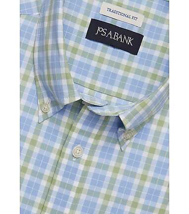 Men s Jos. A. Bank Tailored Fit Block Plaid Short Sleeve Casual Shirt at Jos. A. Bank Blue Forest Green Size x Large