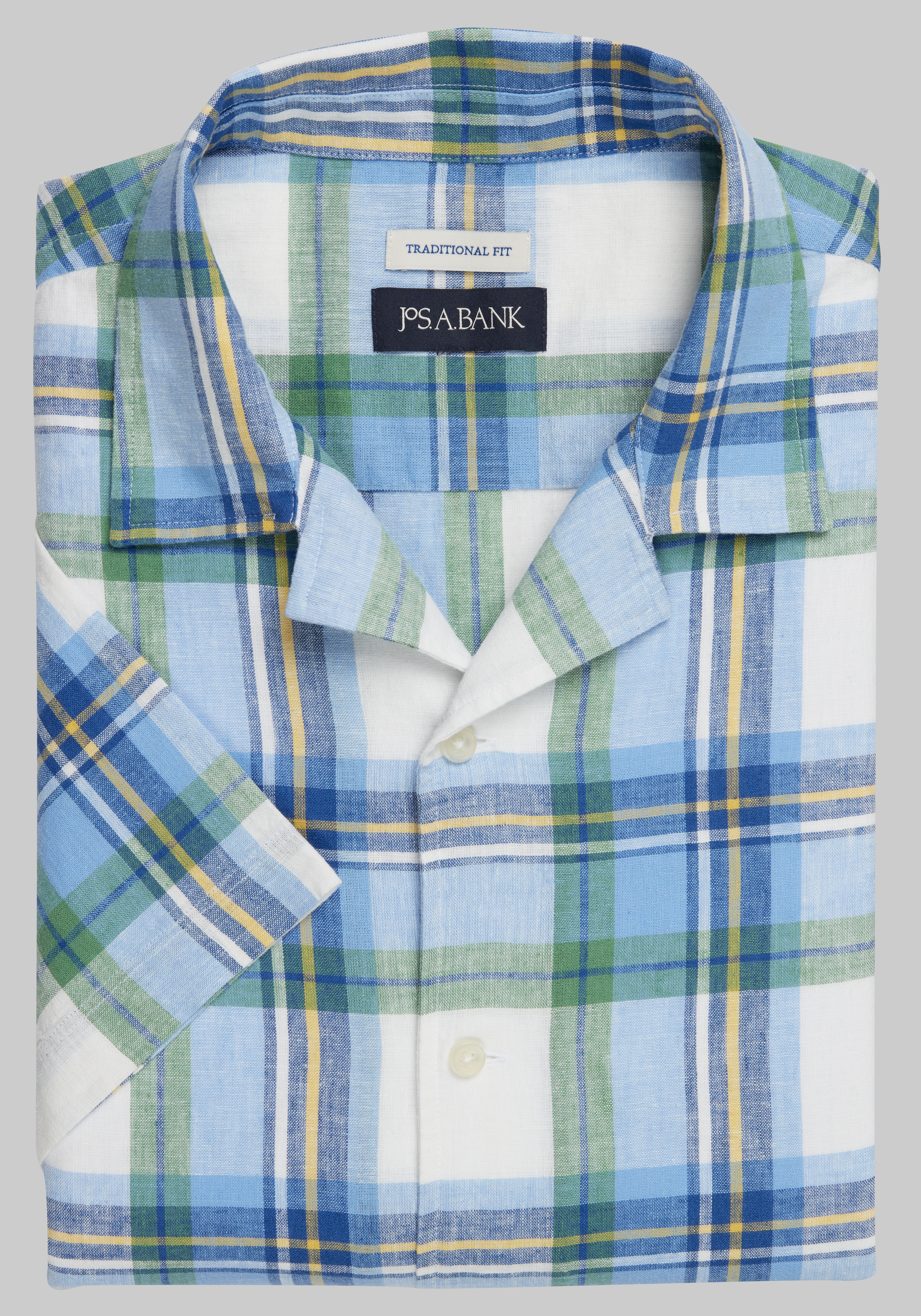 Jos. A. Bank Traditional Fit Plaid Linen-Blend Camp Short-Sleeve Sportshirt