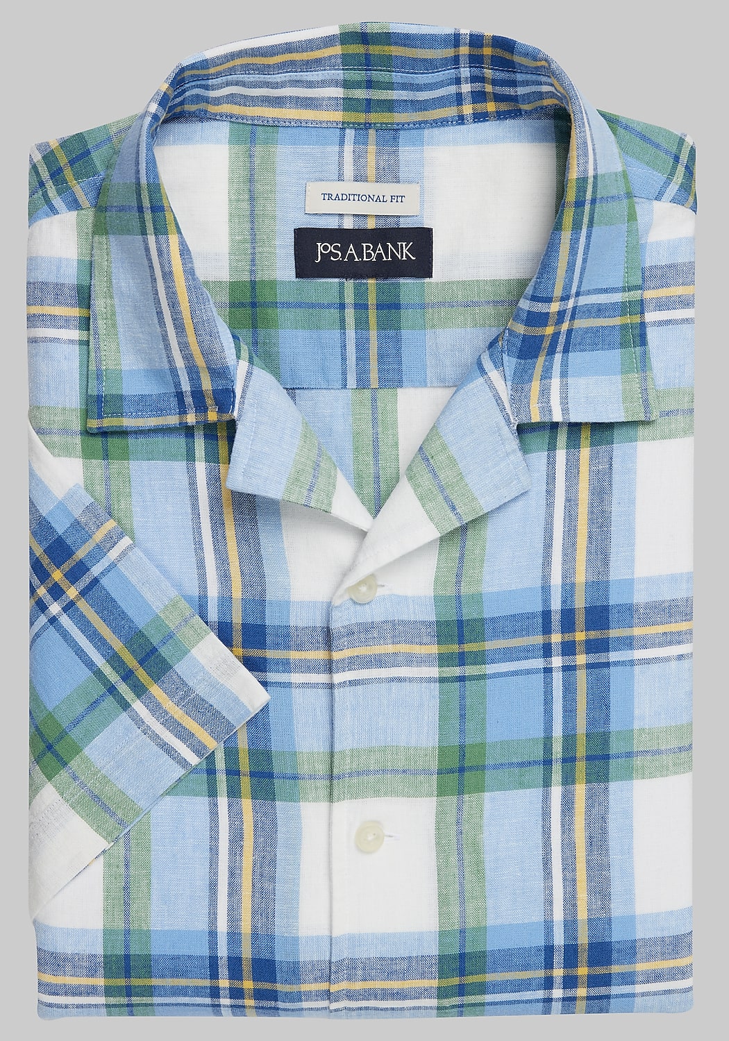 Jos. A. Bank Traditional Fit Plaid Linen-Blend Camp Short-Sleeve Sportshirt CLEARANCE