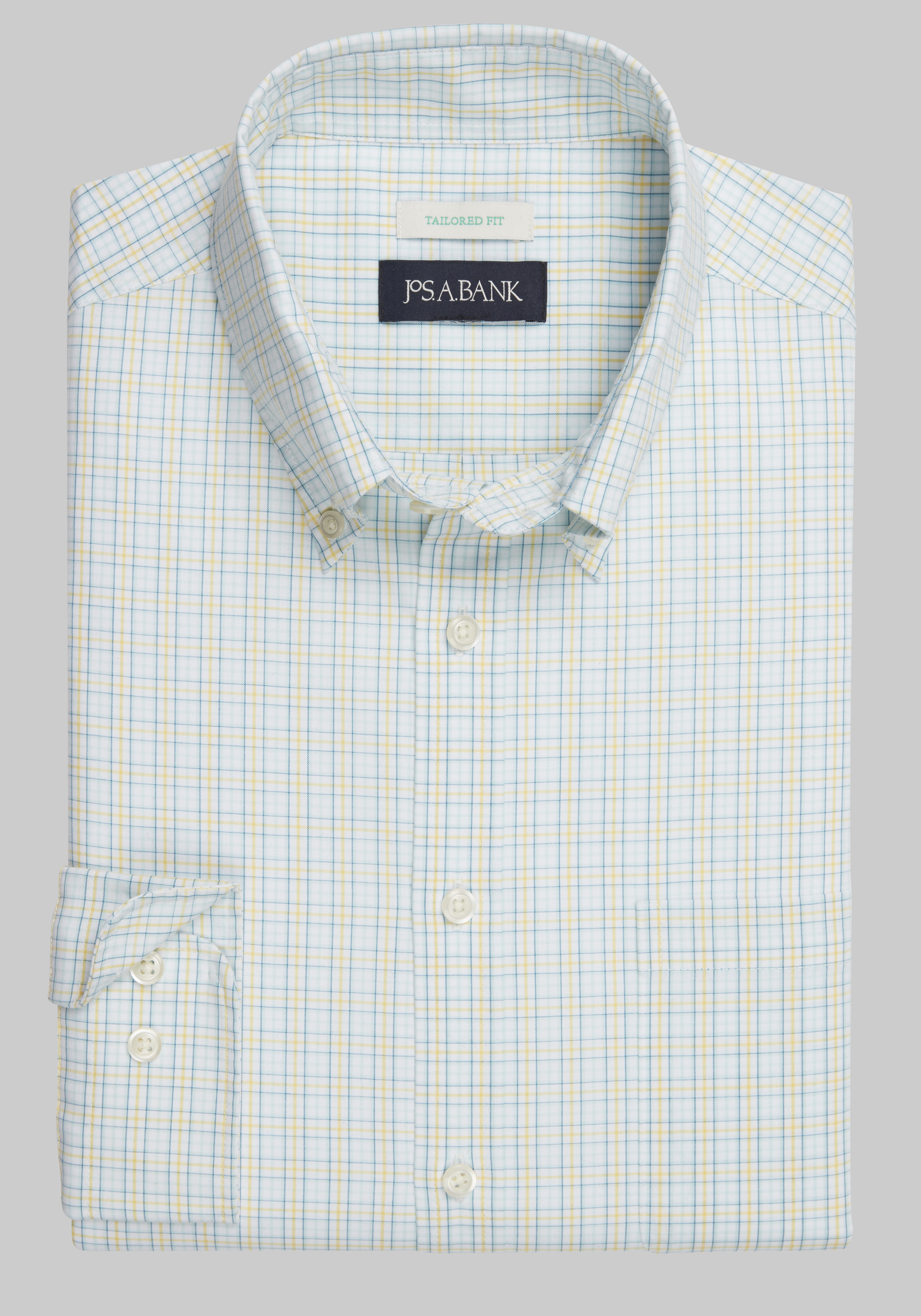 Men's Casual Tops, Jos. A. Bank Comfort Stretch Tailored Fit Plaid Long Sleeve Sportshirt - Jos A Bank