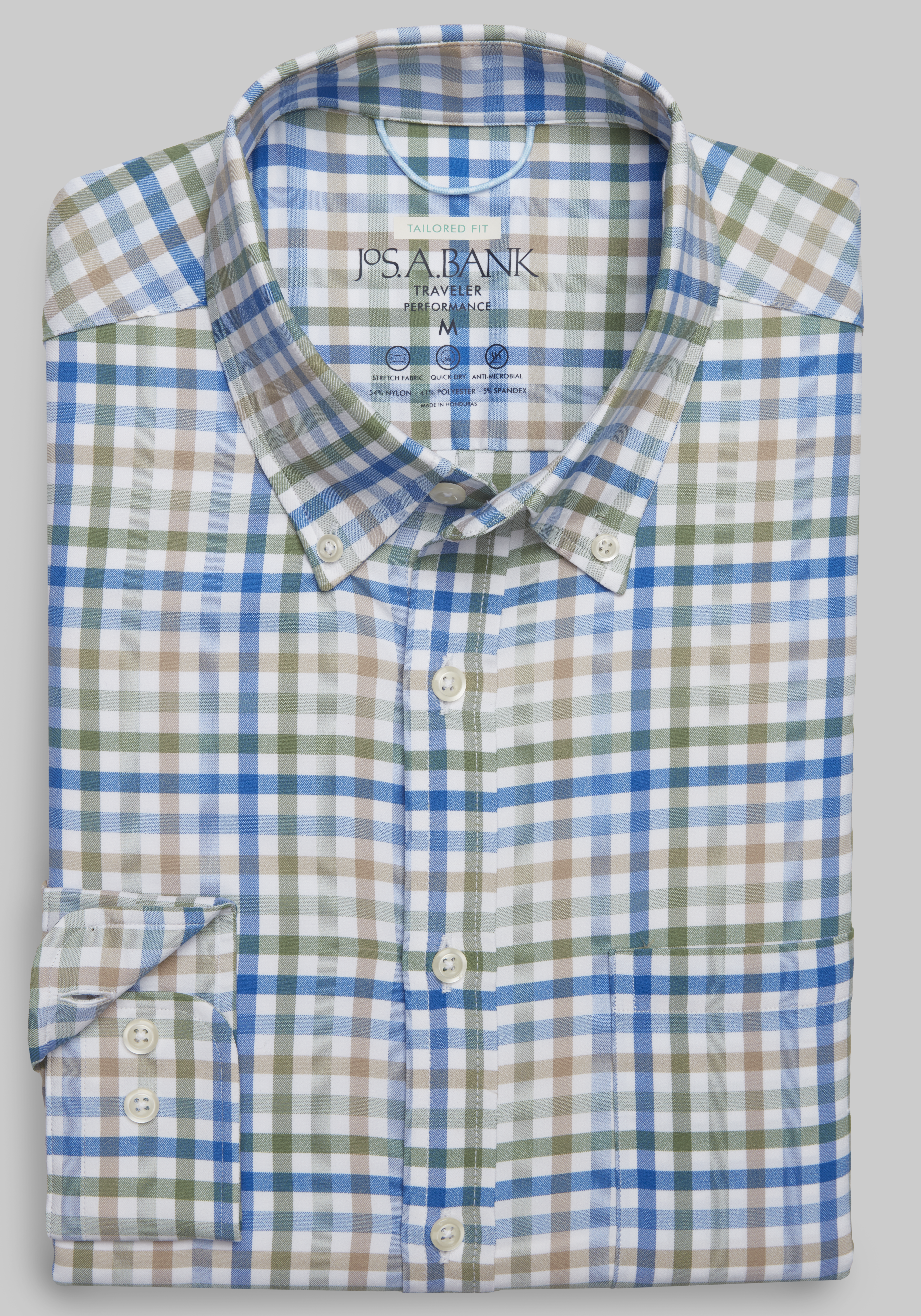 Men's Casual Tops, Traveler Performance Tailored Fit Check 4 Way Stretch Long Sleeve Sportshirt - Jos A Bank