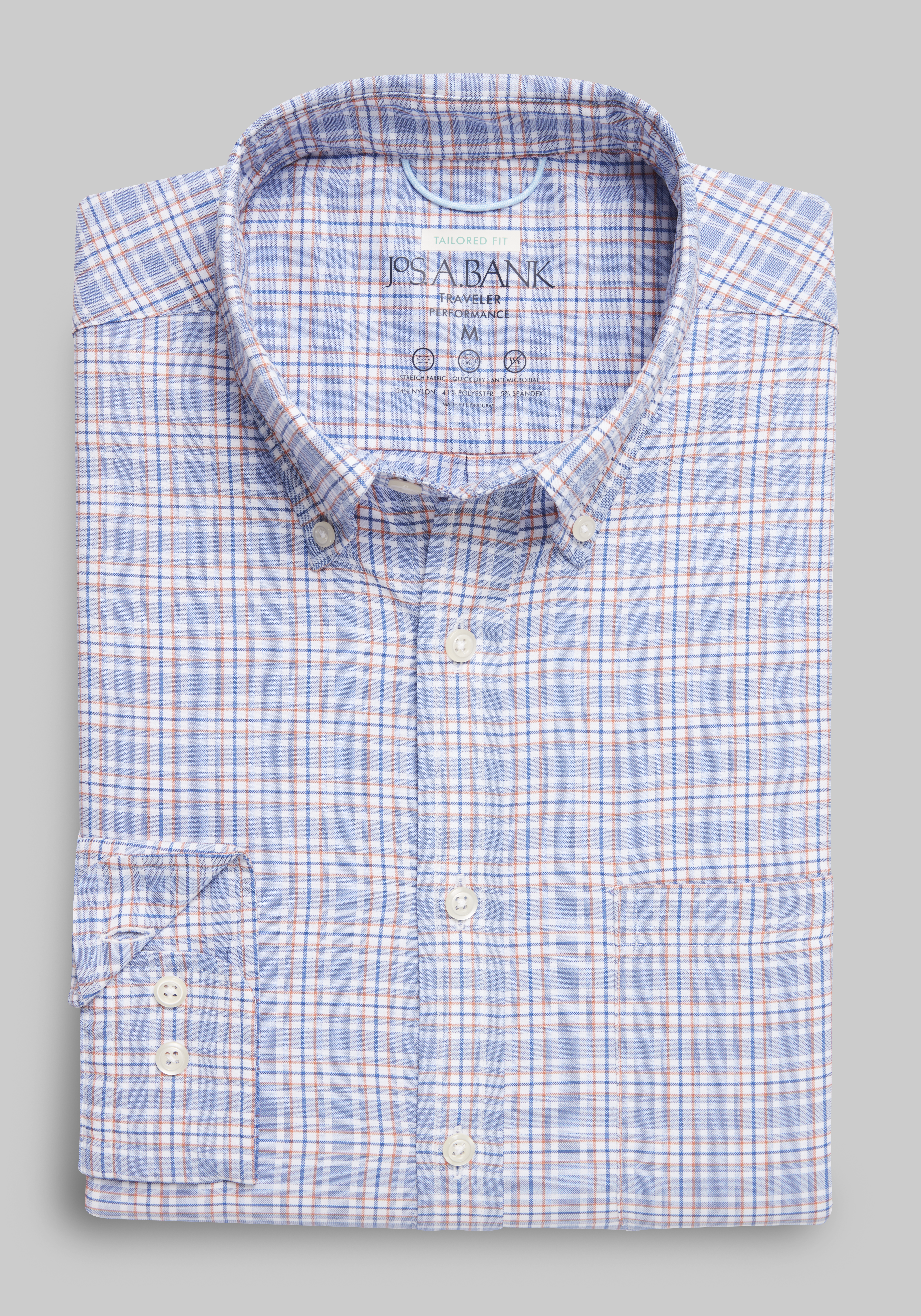 Men's Casual Tops, Traveler Performance Tailored Fit Plaid 4 Way Stretch Long Sleeve Sportshirt - Jos A Bank