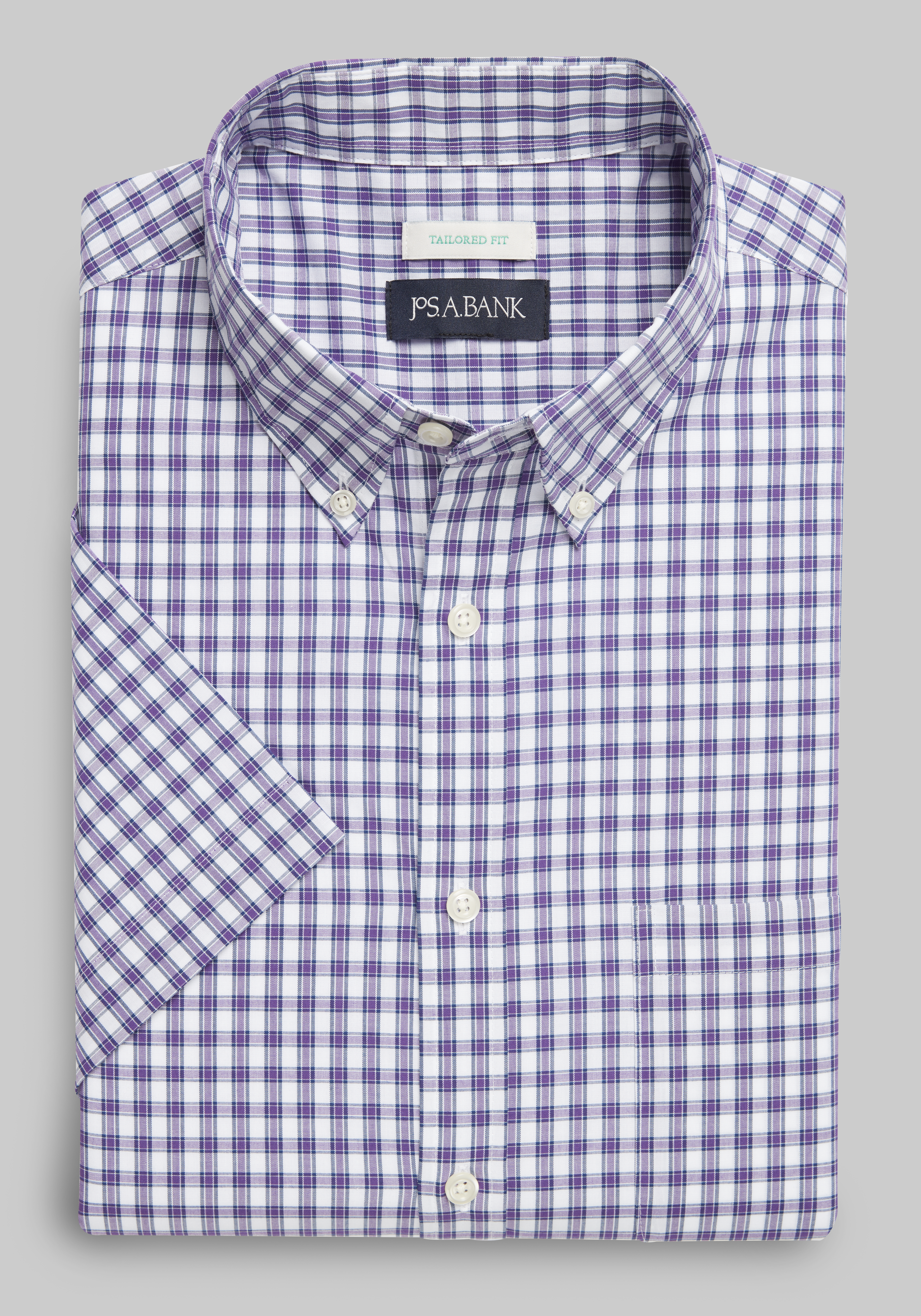Men's Casual Tops, Jos. A. Bank Comfort Stretch Tailored Fit Plaid Short Sleeve Sportshirt - Jos A Bank