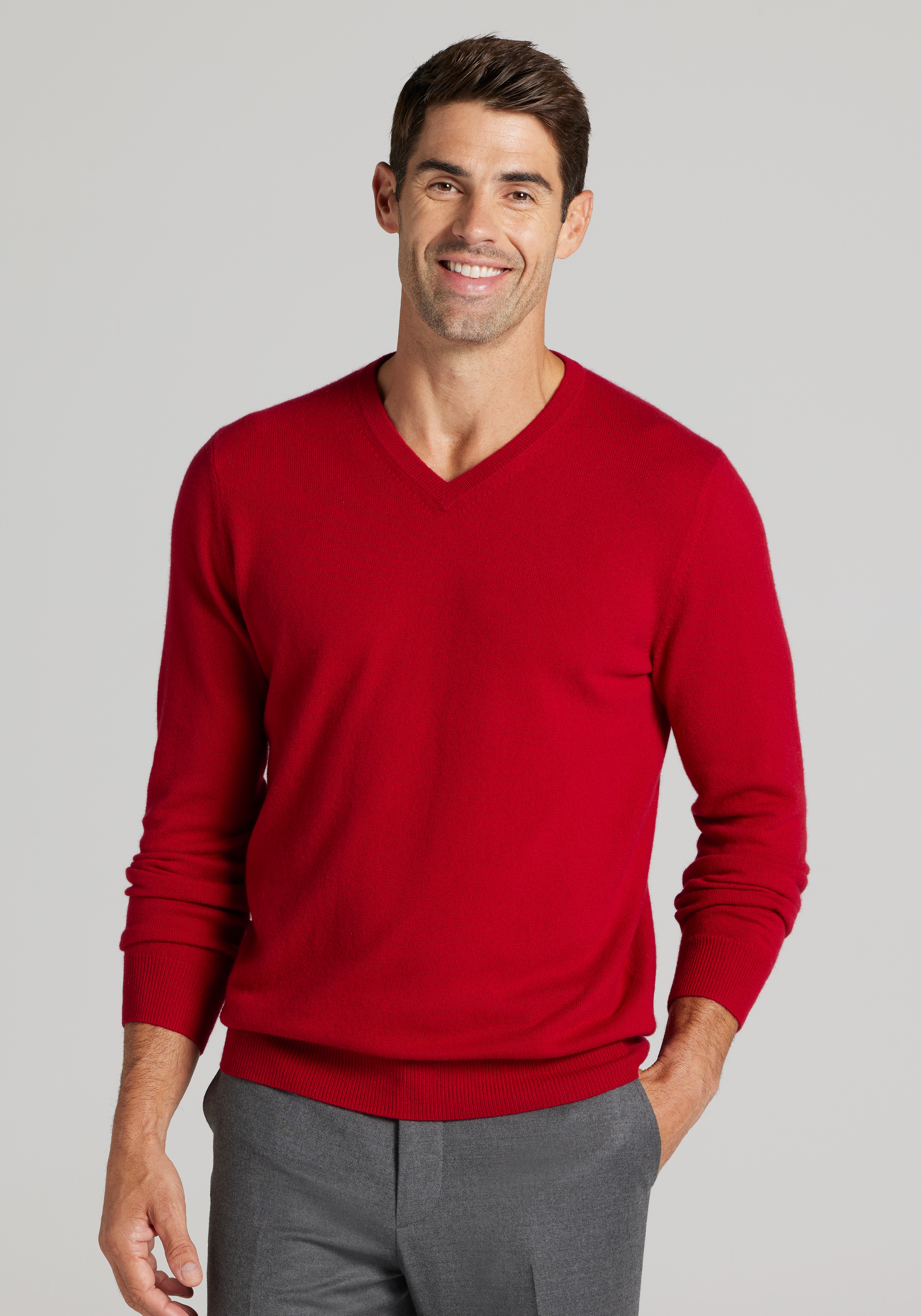 Men's Sweaters, Reserve Collection Tailored Fit V-Neck Cashmere Sweater - Jos A Bank