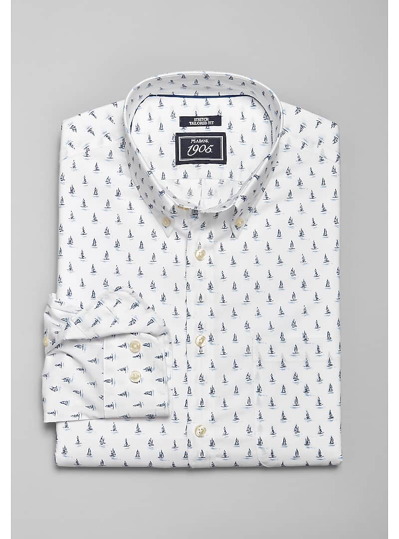 Jos. A. Bank 1905 Navy Collection Tailored Fit Button Down Collar Sailboat Print Sportshirt (Blue)
