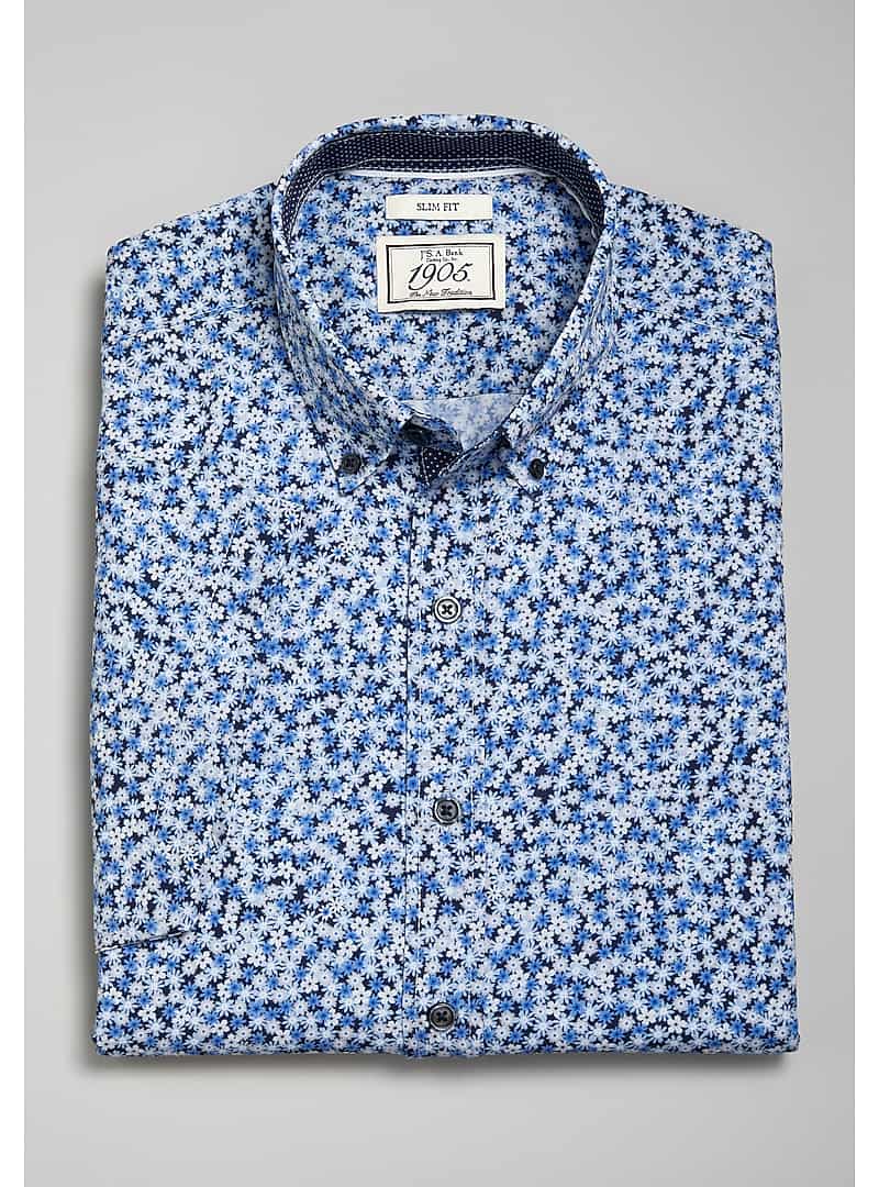 1905 Collection Slim Fit Button-Down Collar Short Sleeve 4-Way Strech Sportshirt (Blue)