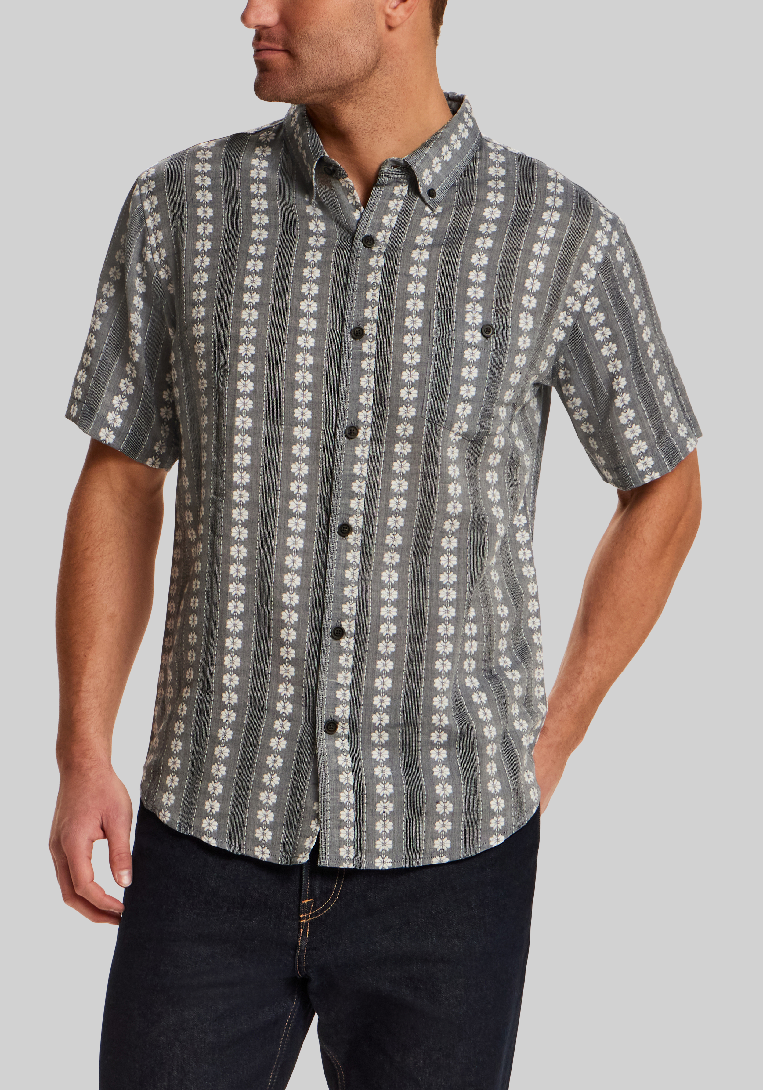 Vintage & Black Traditional Fit Embroidered Flower Striped Short Sleeve Shirt