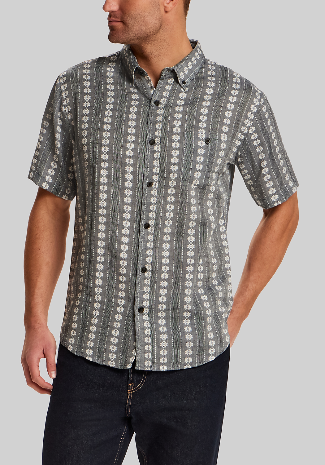 Vintage & Black Traditional Fit Embroidered Flower Striped Short Sleeve Shirt