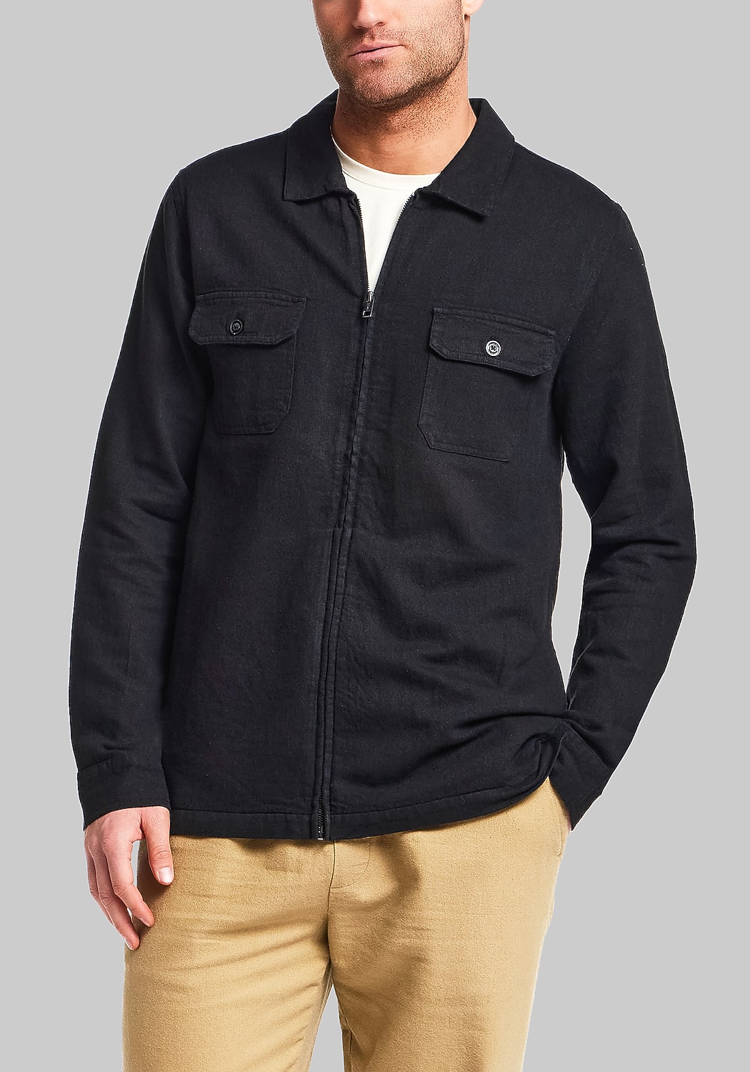 Vintage & Black Traditional Fit Linen-Blend Zip-Up Overshirt