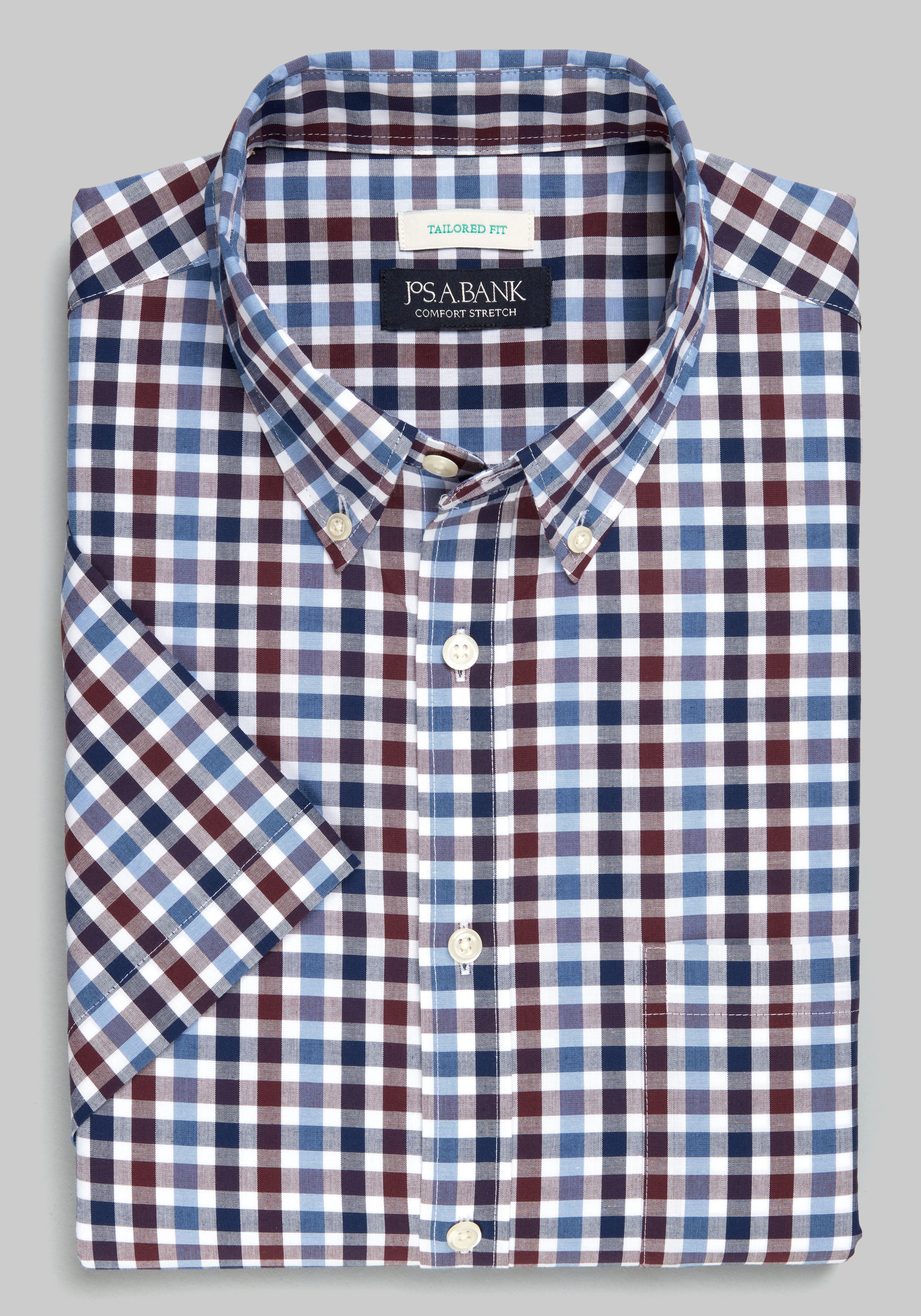 Men's Casual Tops, Jos. A. Bank Tailored Fit Large Multi Gingham Short Sleeve Sportshirt - Jos A Bank