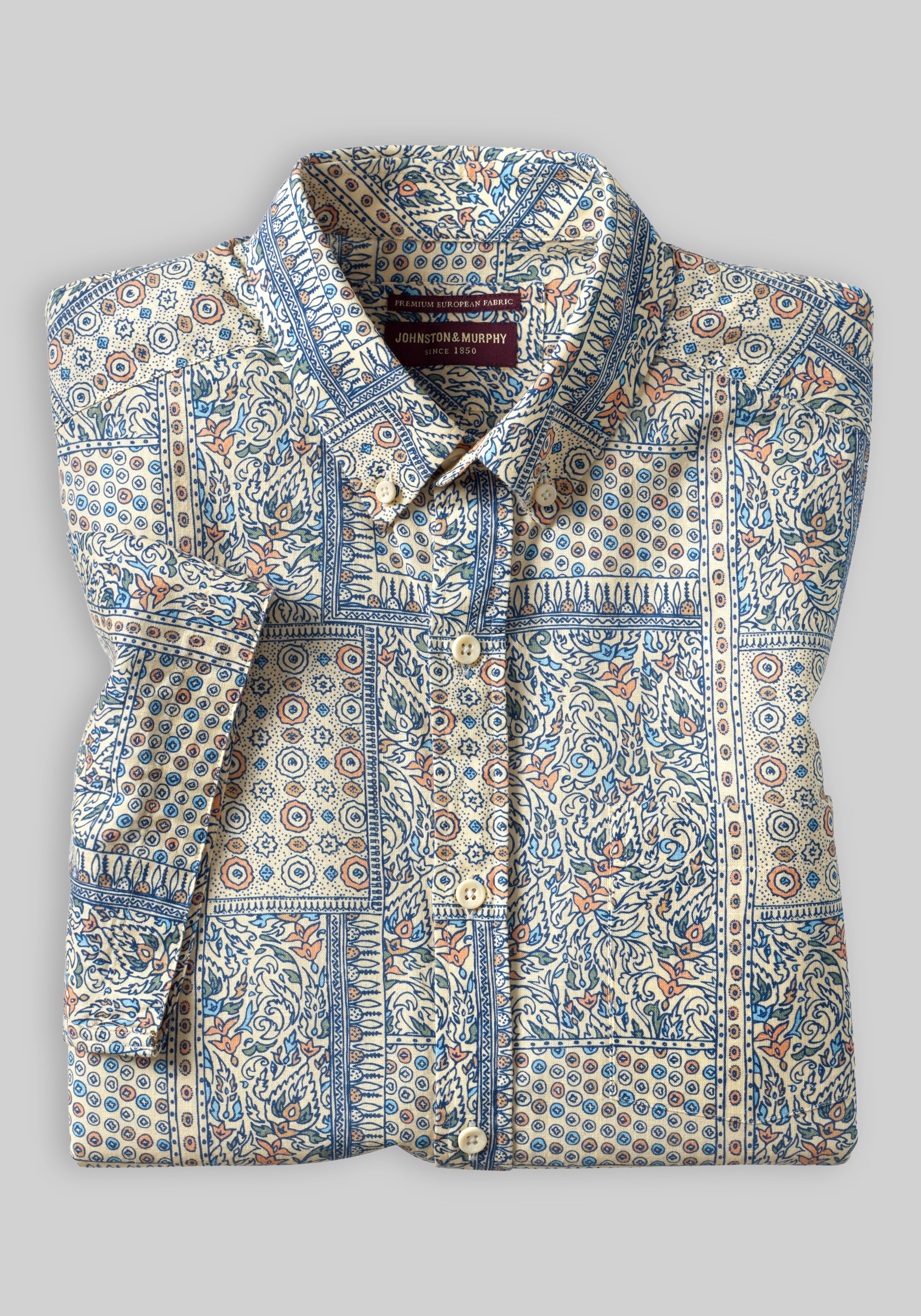 Johnston & Murphy Tailored Fit Floral Tile Short Sleeve Linen Blend Button Up Shirt