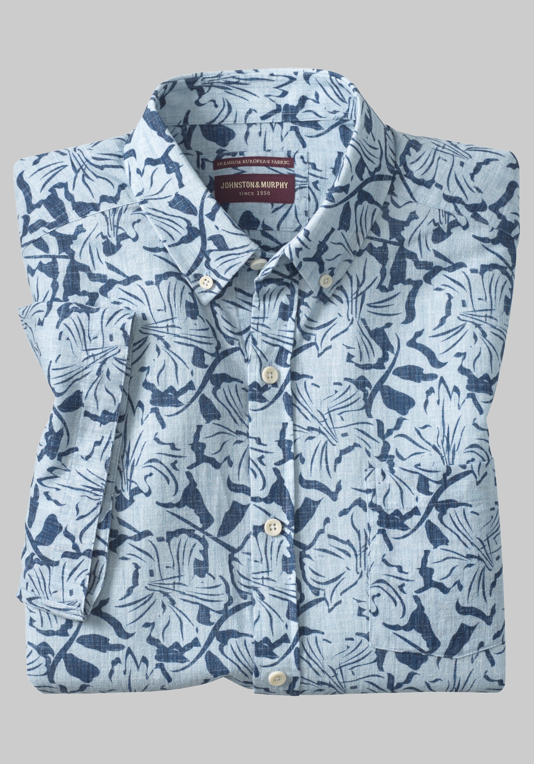 Men's Casual Tops, Johnston & Murphy Tailored Fit Floral Tile Short Sleeve Linen Blend Sportshirt - Jos A Bank