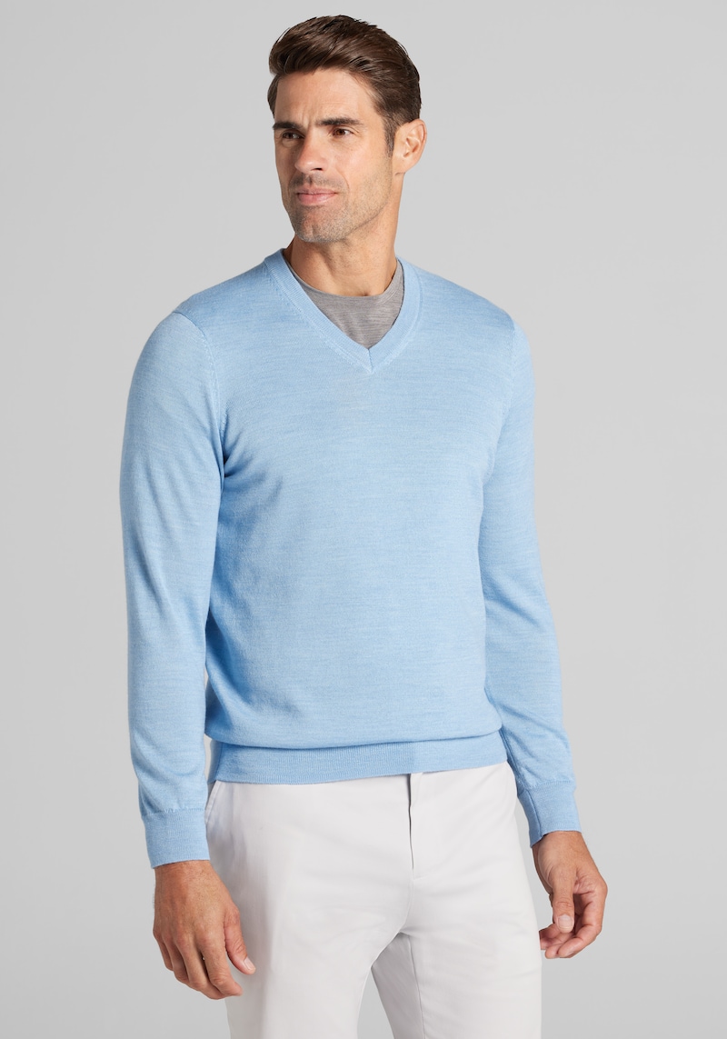 Men's Big & Tall Traveler Collection Tailored Fit Merino Wool Blend V-Neck Sweater at Jos. A. Bank, Blue, Size 3 X Tall