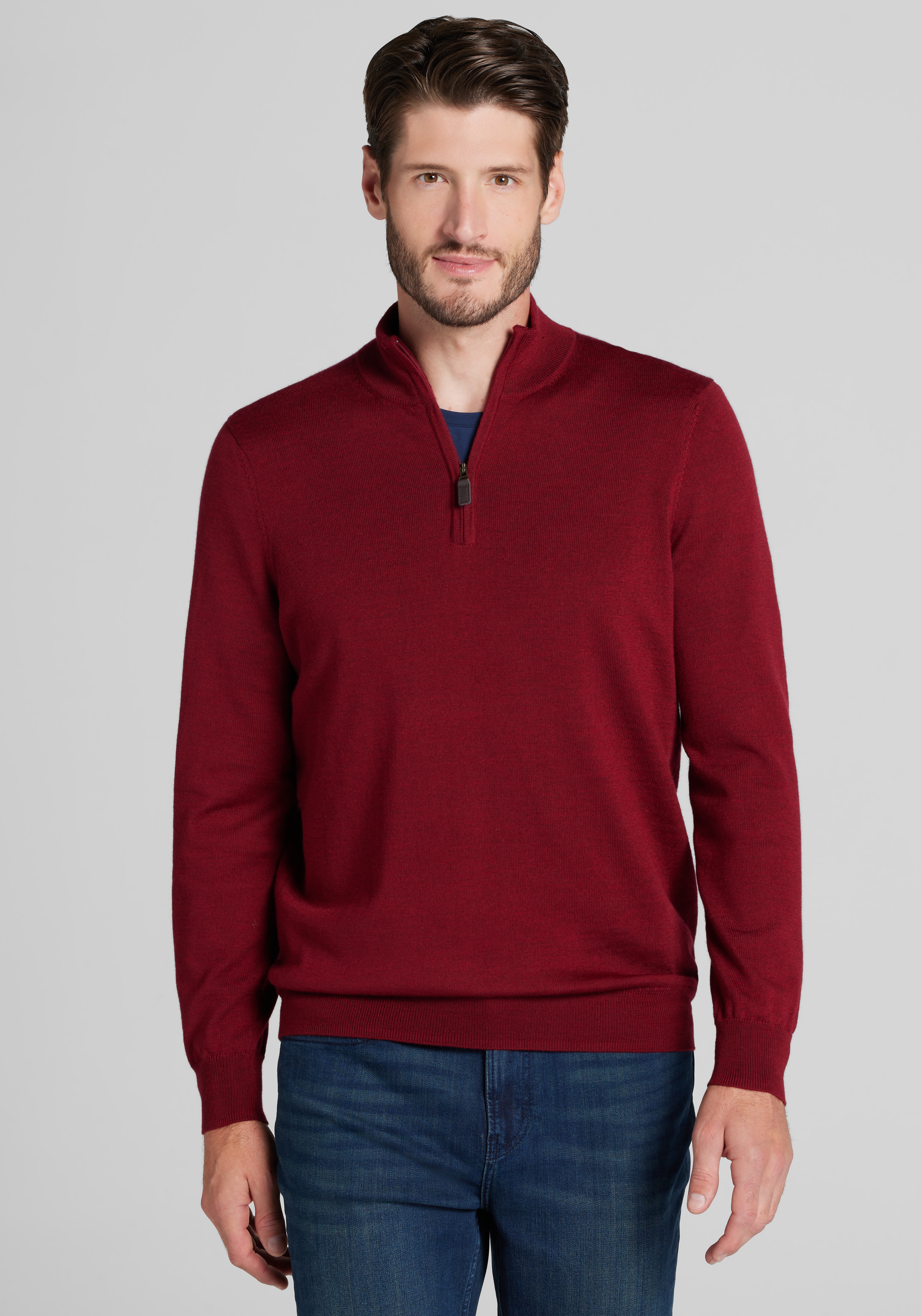 Men's Sweaters, Traveler® Collection Tailored Fit Merino Wool Blend 1/4-Zip Sweater - Jos A Bank