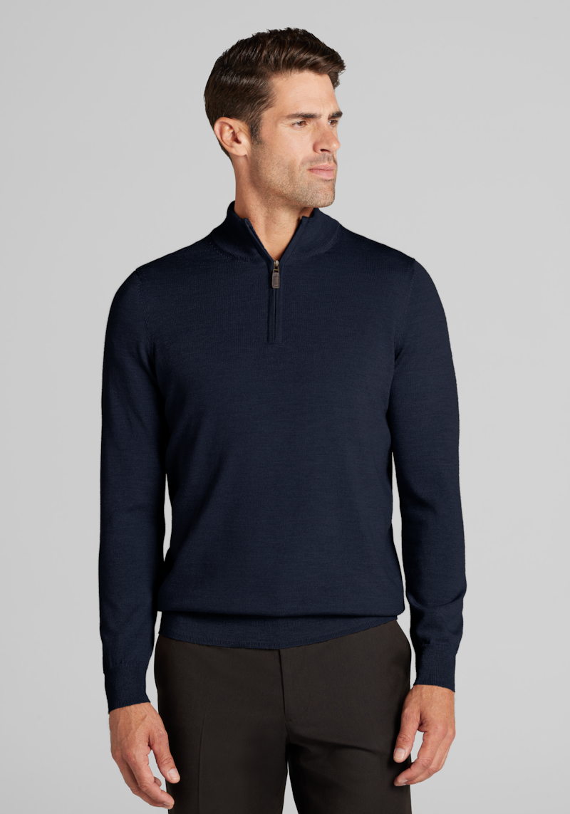 Men's Big & Tall Traveler Collection Tailored Fit Long Sleeve 1/4-Zip Merino Wool Sweater at Jos. A. Bank, Blue/Navy, Size 3 X Tall
