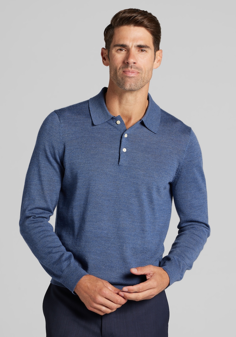 Men's Big & Tall Traveler Collection Tailored Fit Merino Wool Blend Long Sleeve Polo Sweater at Jos. A. Bank, Dark Blue, Size 3 X Tall - Shirts