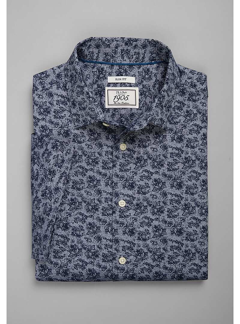 1905 Collection Slim Fit Spread Collar Chambray Floral Print Short ...