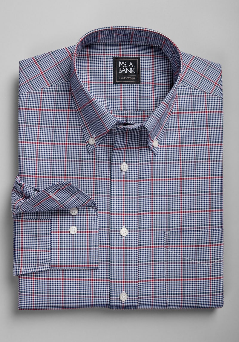 JoS. A. Bank Men's Traveler Collection Tailored Fit Button-Down Collar Mini Check Casual Shirt, Burgundy, Medium