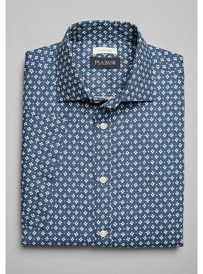 Jos. A. Bank Tailored Fit Spread Collar Block Print Short Sleeve Sportshirt Big & Tall